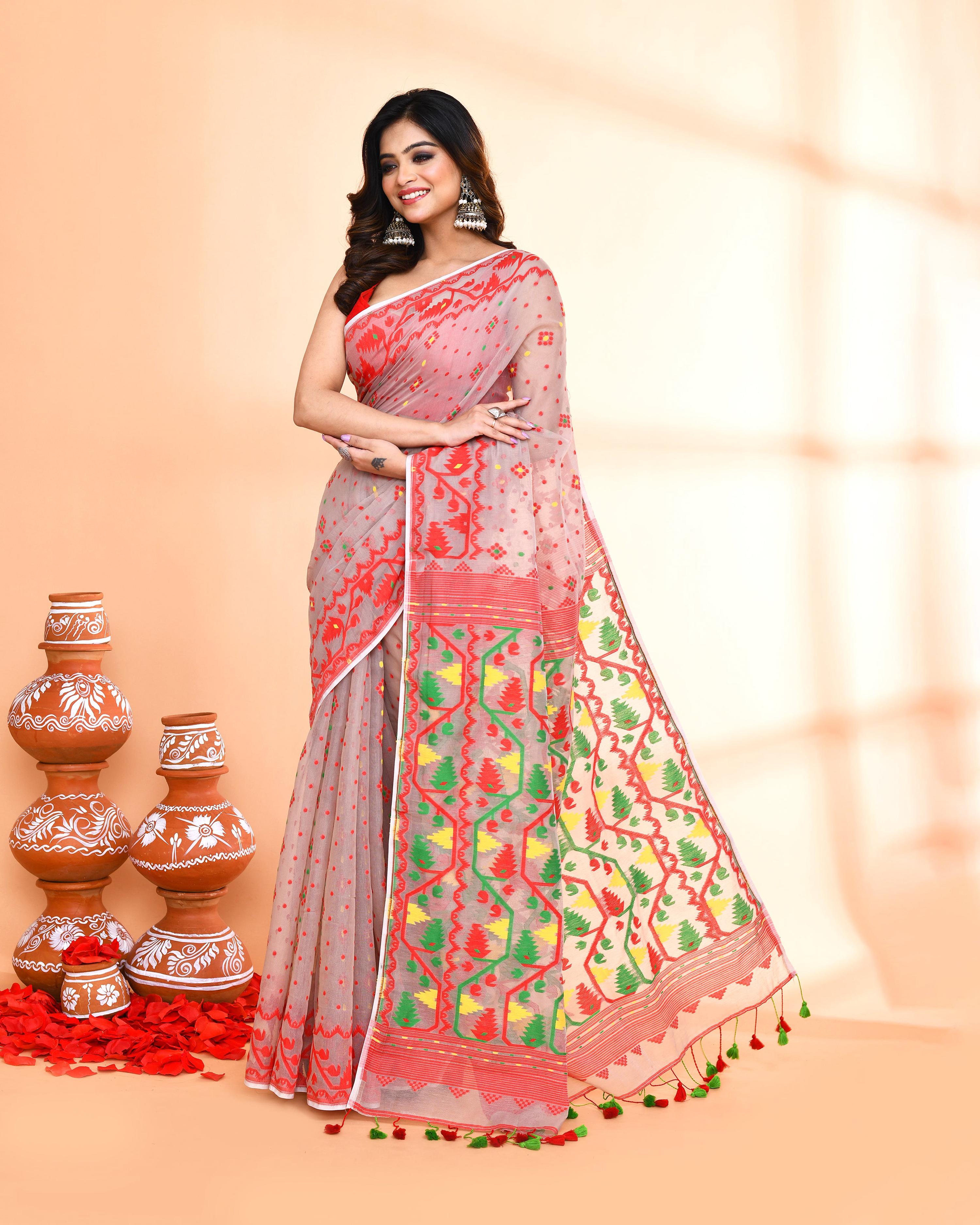 Piyari Fashion Women's Cane Beige Cotton Silk Jamdani Saree