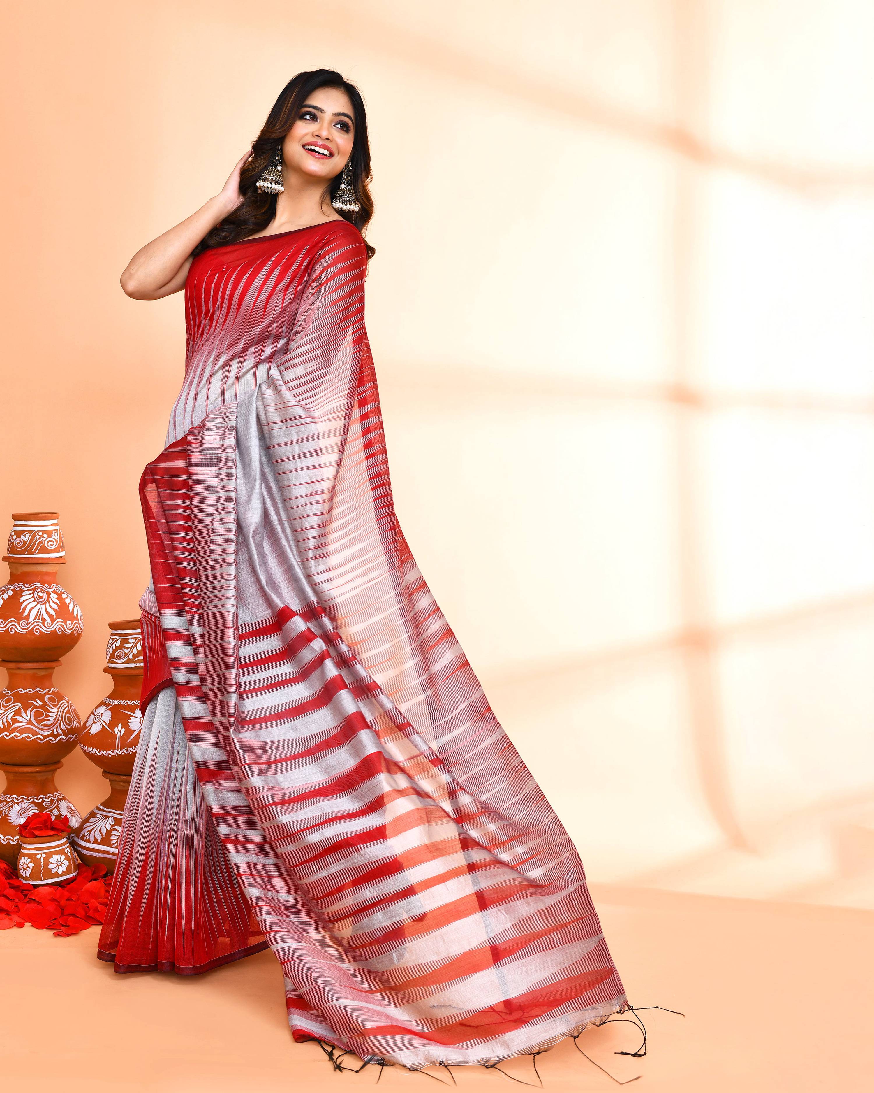 Piyari Fashion Women`s Cotton Silk Silver Handloom Saree With Blouse