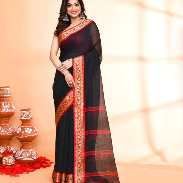 Piyari Fashion Women`s Cotton Silk Black Handloom Saree With Blouse - Distacart