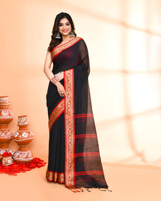 Piyari Fashion Women`s Cotton Silk Black Handloom Saree With Blouse