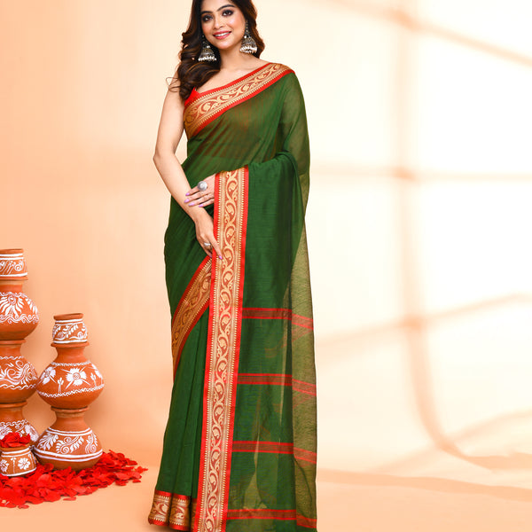 Piyari Fashion Women`s Cotton Silk Moss Green Handloom Saree With Blouse - Distacart