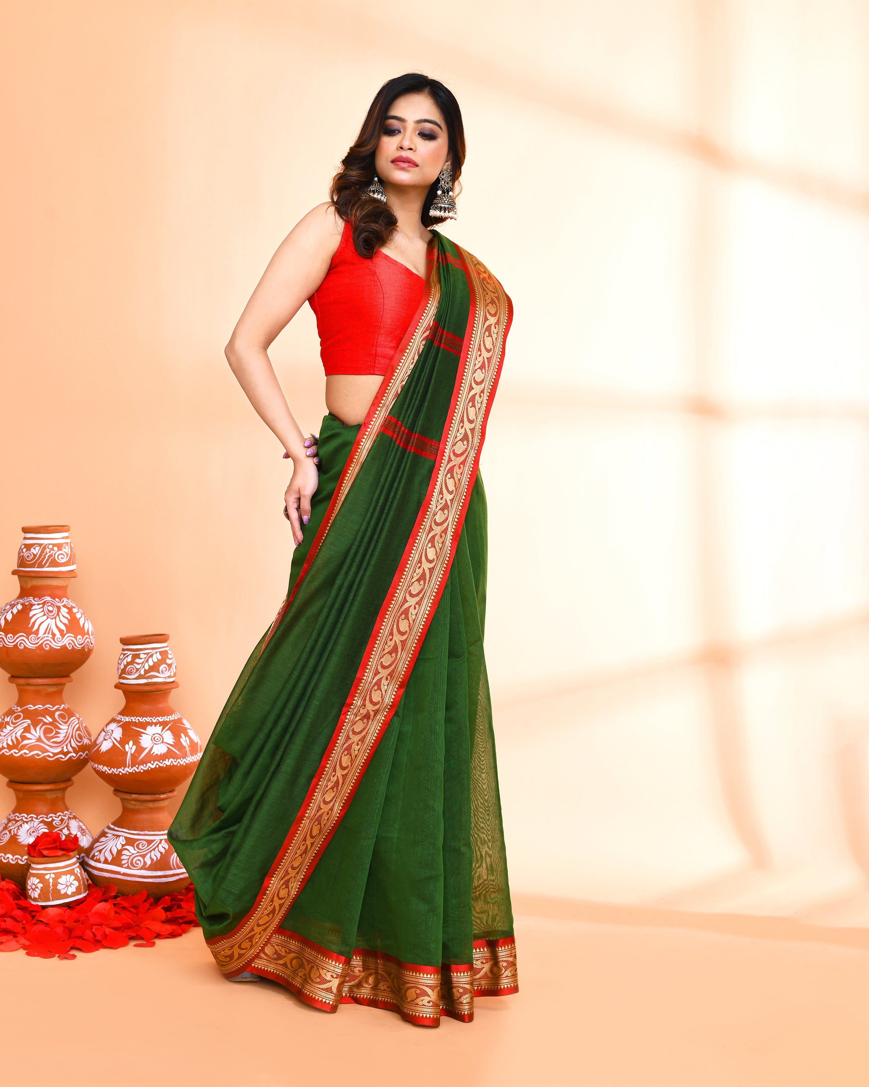 Piyari Fashion Women`s Cotton Silk Moss Green Handloom Saree With Blouse