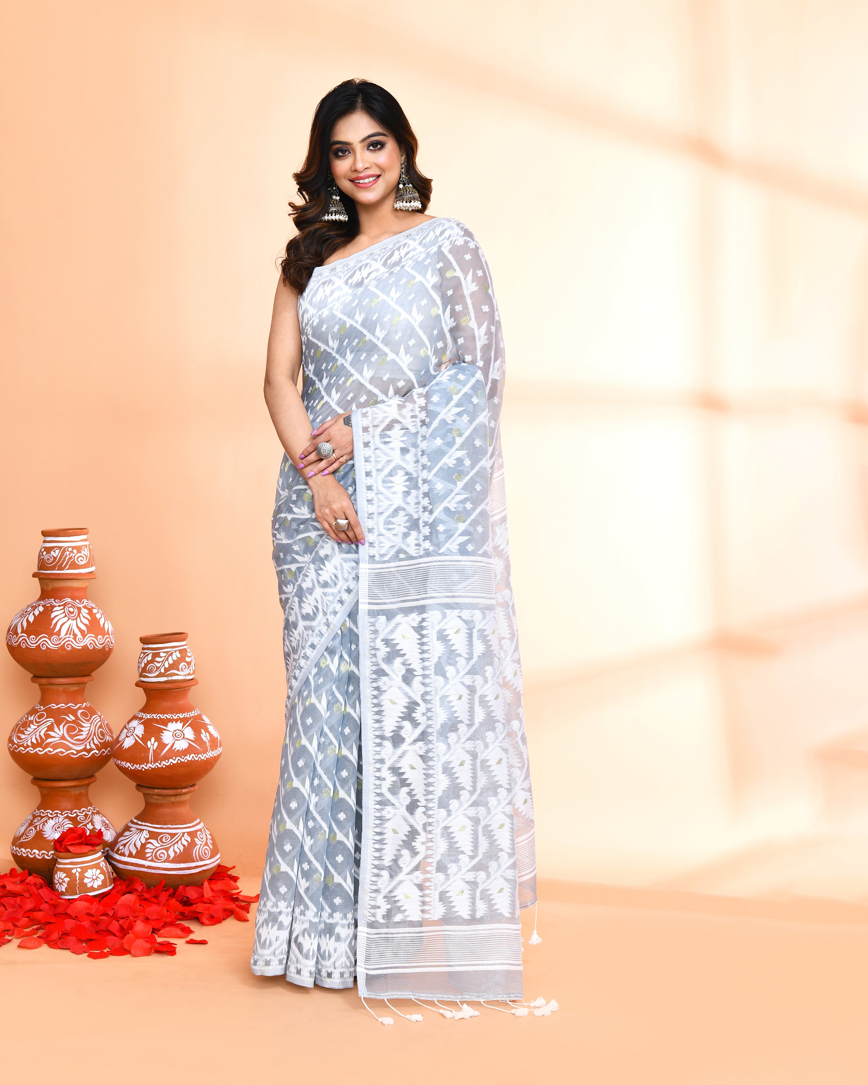 Piyari Fashion Women's Pebble Grey Cotton Silk Jamdani Saree