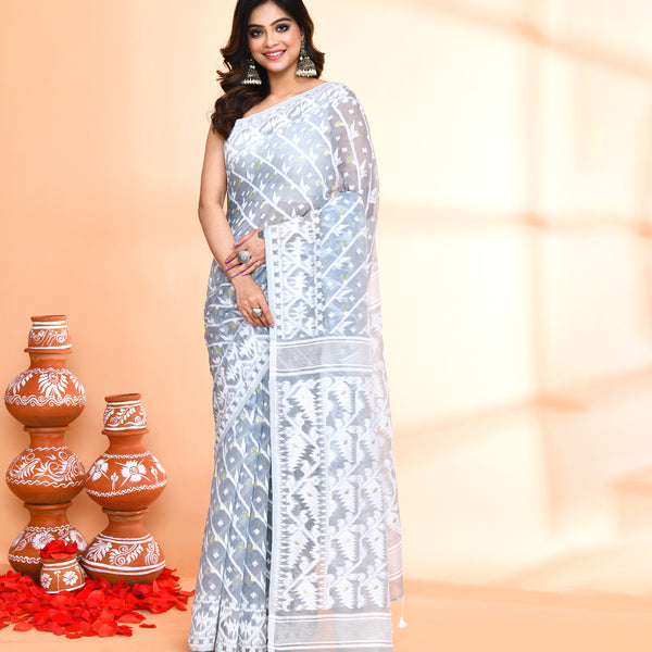 Piyari Fashion Women's Pebble Grey Cotton Silk Jamdani Saree - Distacart