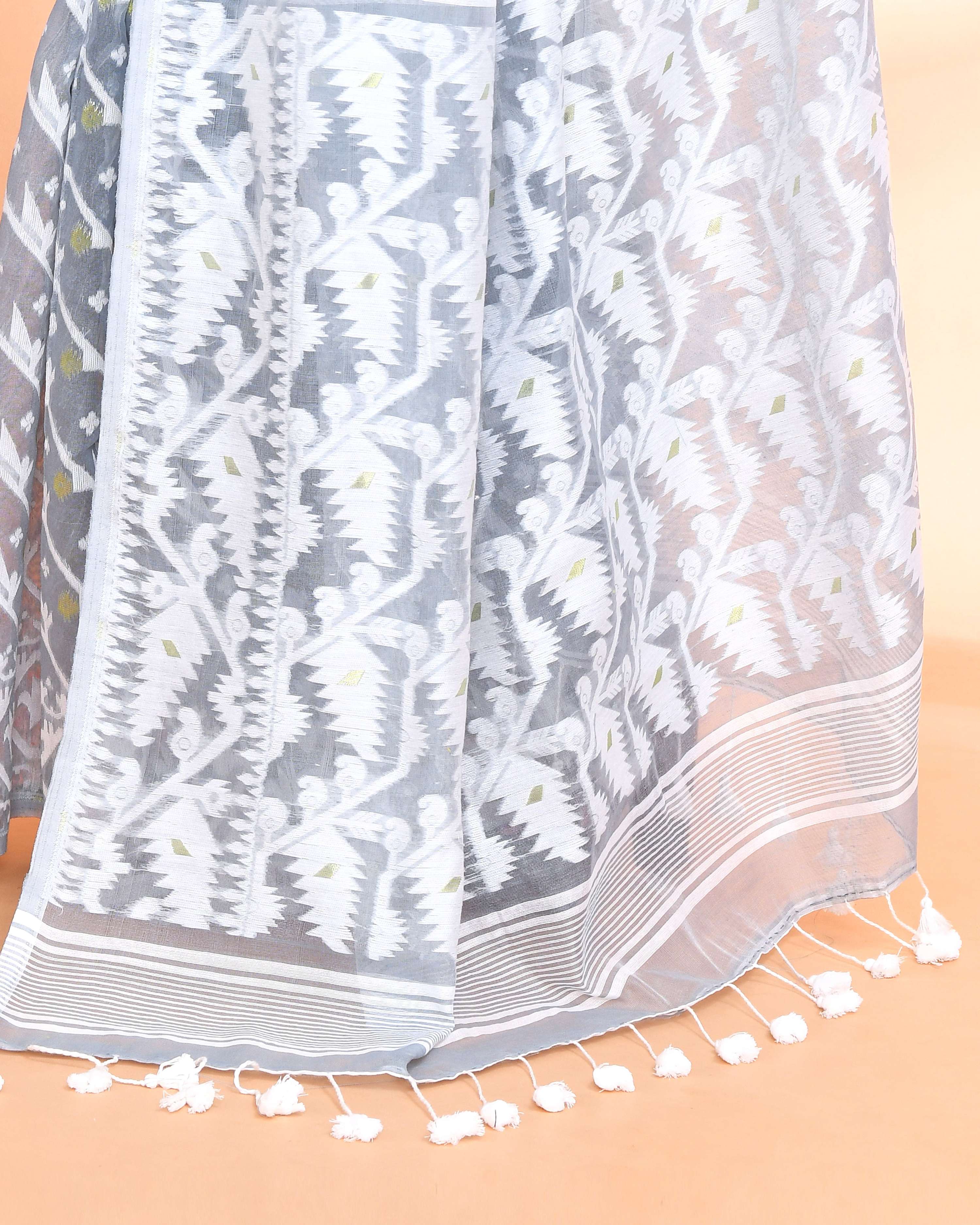 Piyari Fashion Women's Pebble Grey Cotton Silk Jamdani Saree