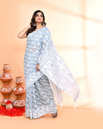 Thumbnail for Piyari Fashion Women's Pebble Grey Cotton Silk Jamdani Saree