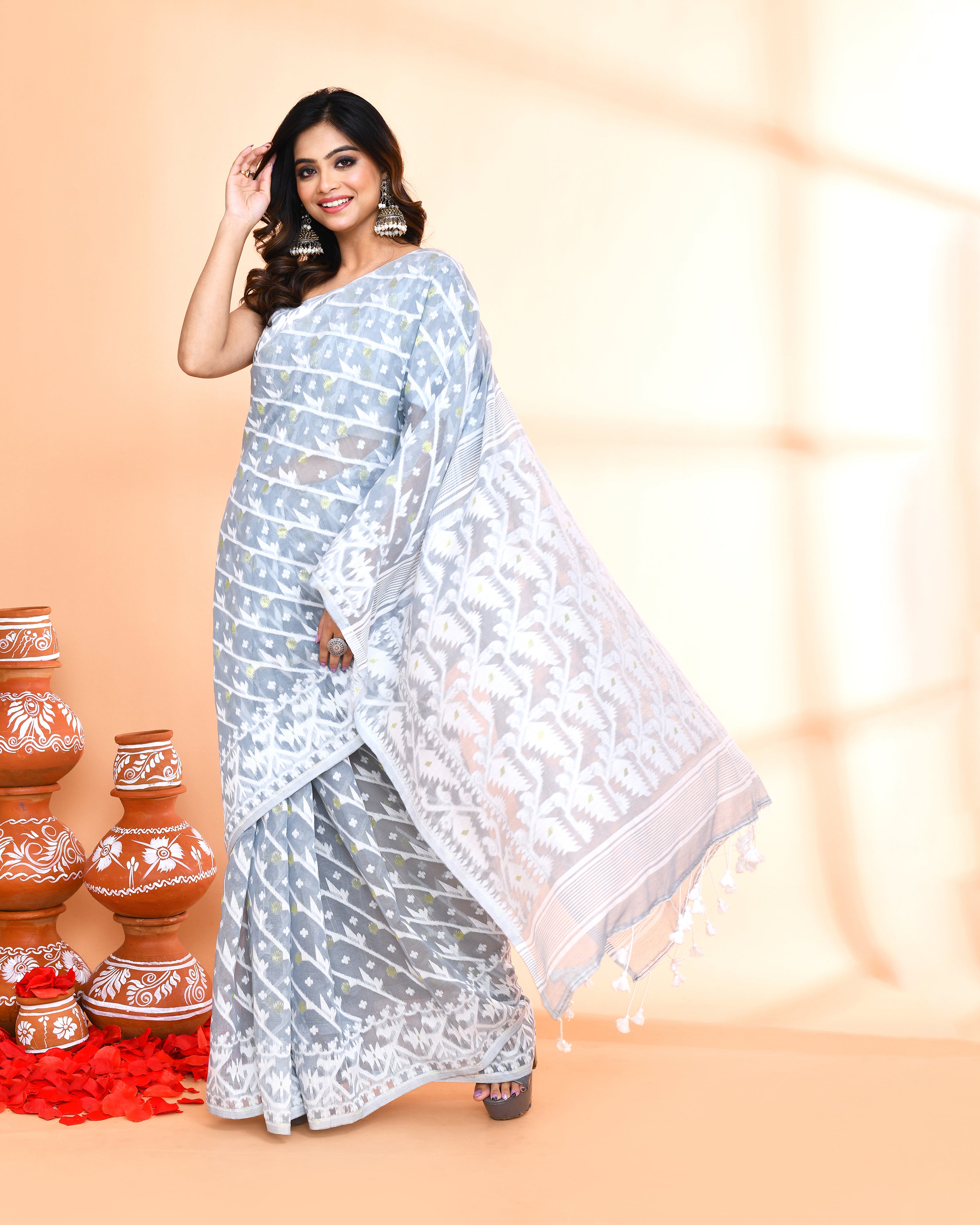 Piyari Fashion Women's Pebble Grey Cotton Silk Jamdani Saree