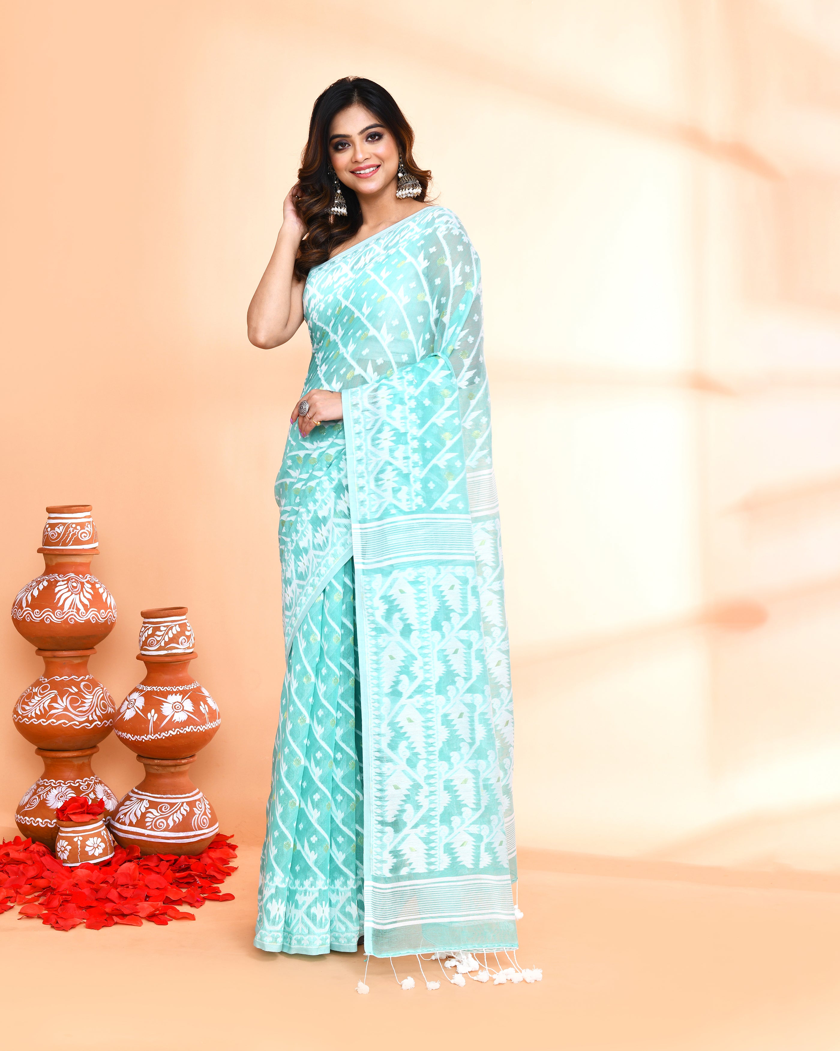 Piyari Fashion Women's Light Turquoise Cotton Silk Jamdani Saree