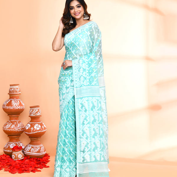 Piyari Fashion Women's Light Turquoise Cotton Silk Jamdani Saree - Distacart