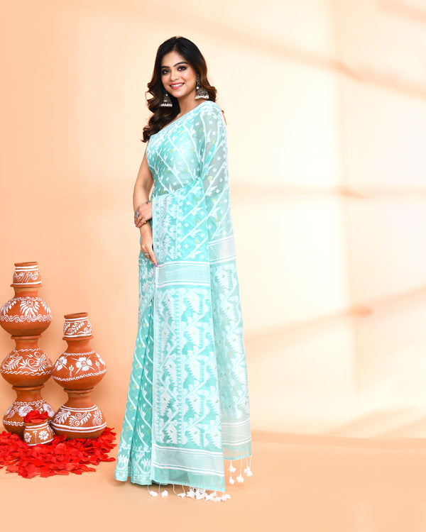 Piyari Fashion Women's Light Turquoise Cotton Silk Jamdani Saree