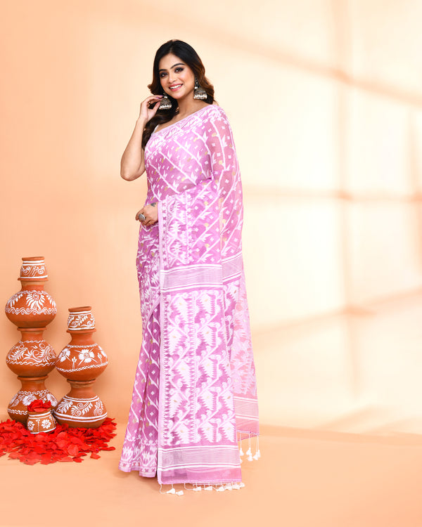 Piyari Fashion Women's Light Purple Cotton Silk Jamdani Saree
