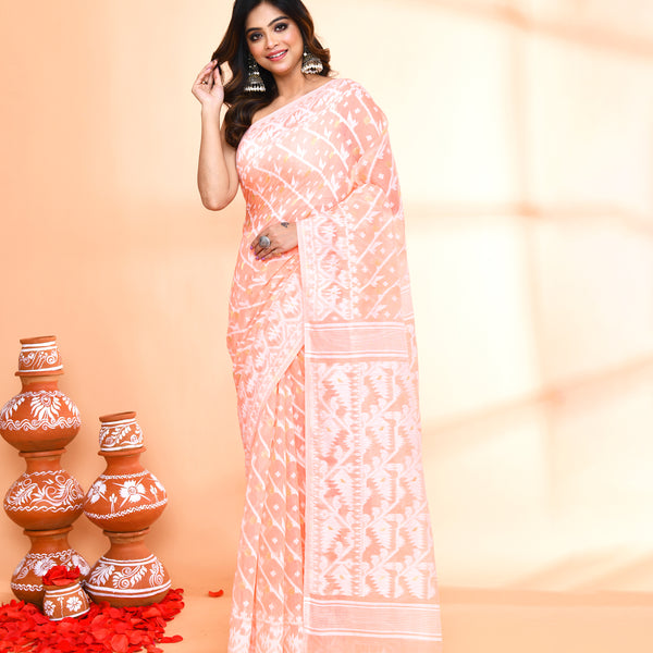 Piyari Fashion Women's Salmon Cotton Silk Jamdani Saree - Distacart