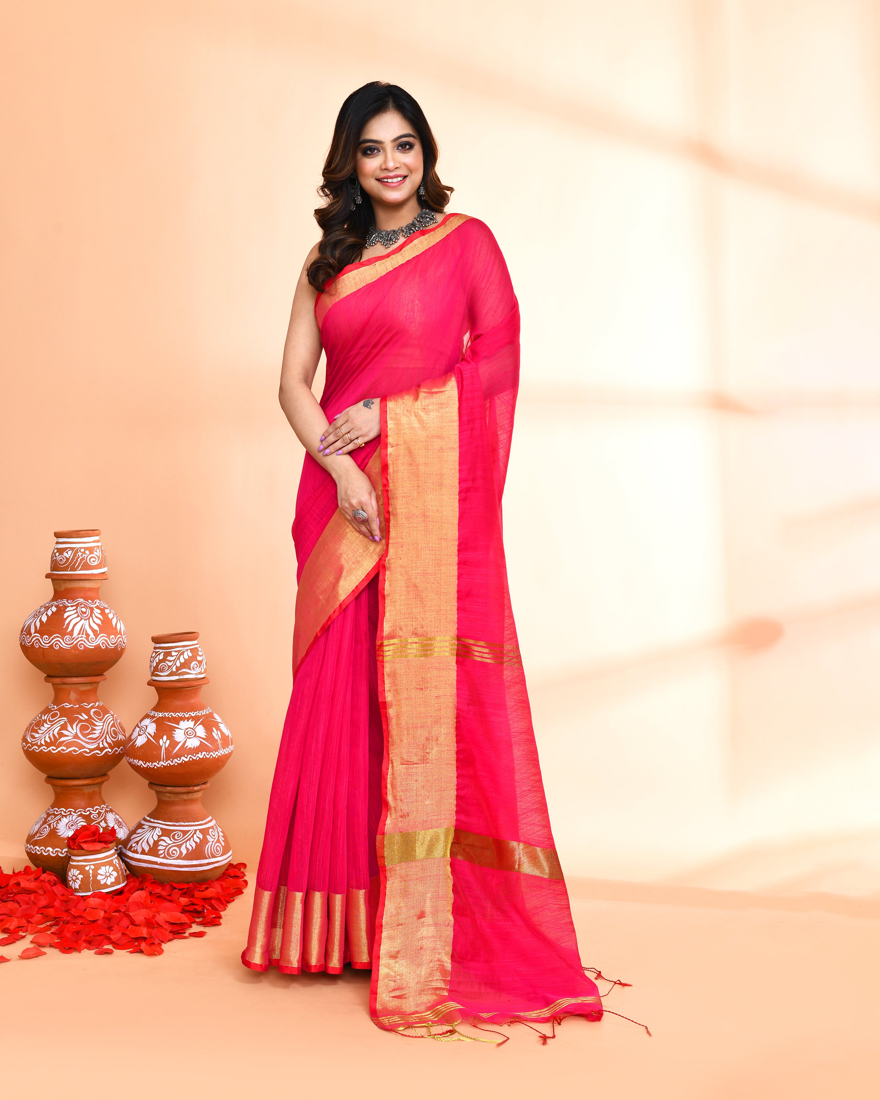 Piyari Fashion Women`s Cotton Silk Rani Pink Handloom Saree With Blouse