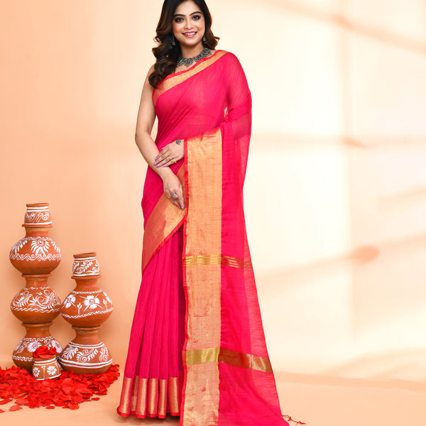 Piyari Fashion Women`s Cotton Silk Rani Pink Handloom Saree With Blouse - Distacart