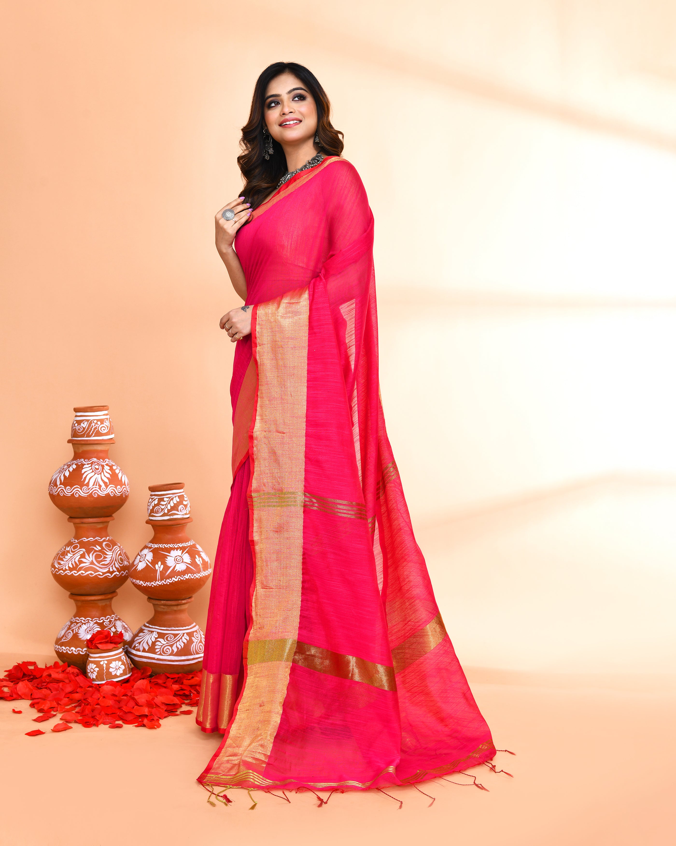 Piyari Fashion Women`s Cotton Silk Rani Pink Handloom Saree With Blouse