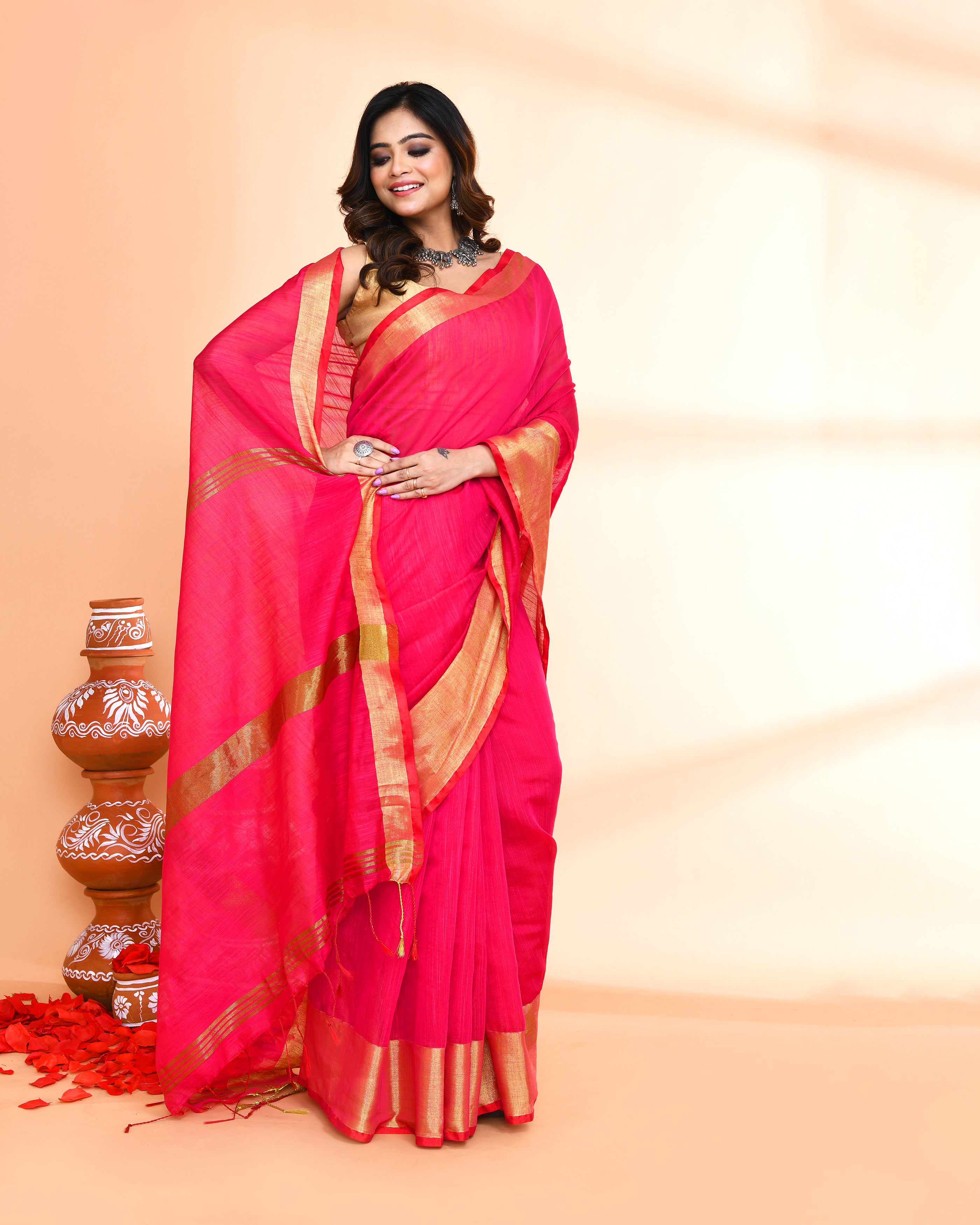 Piyari Fashion Women`s Cotton Silk Rani Pink Handloom Saree With Blouse