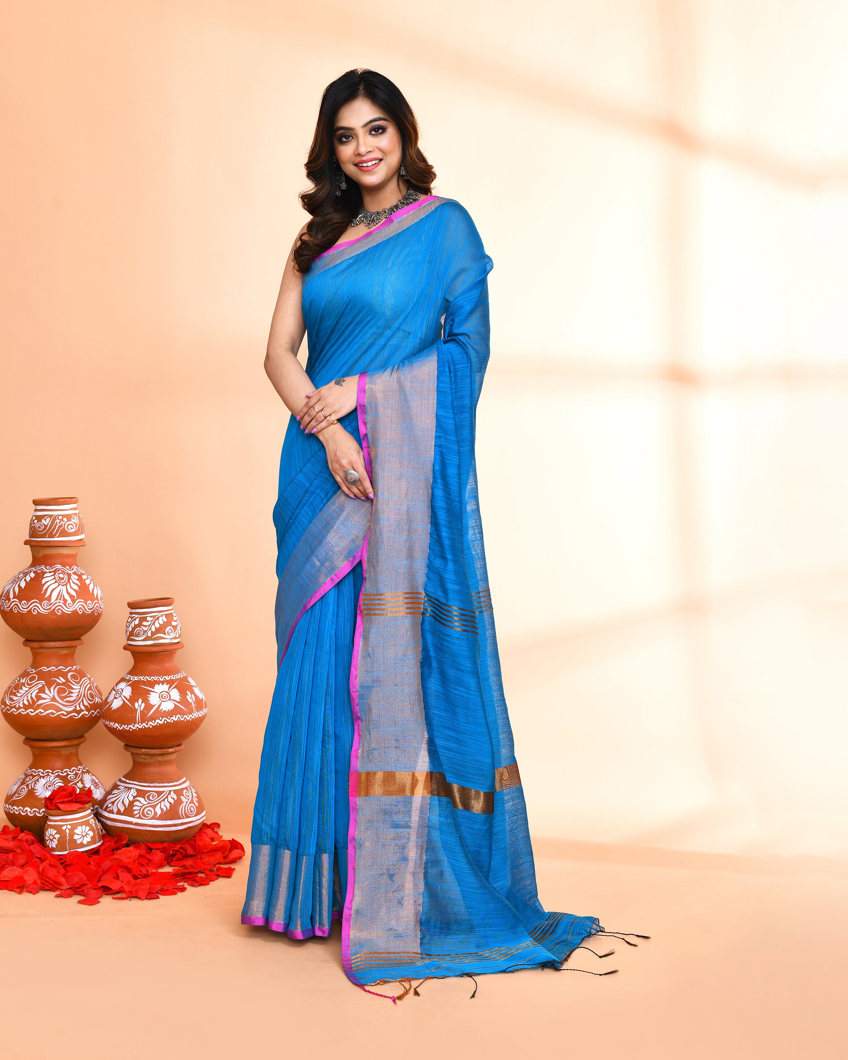 Piyari Fashion Women`s Cotton Silk Sky Blue Handloom Saree With Blouse