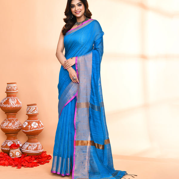 Piyari Fashion Women`s Cotton Silk Sky Blue Handloom Saree With Blouse - Distacart