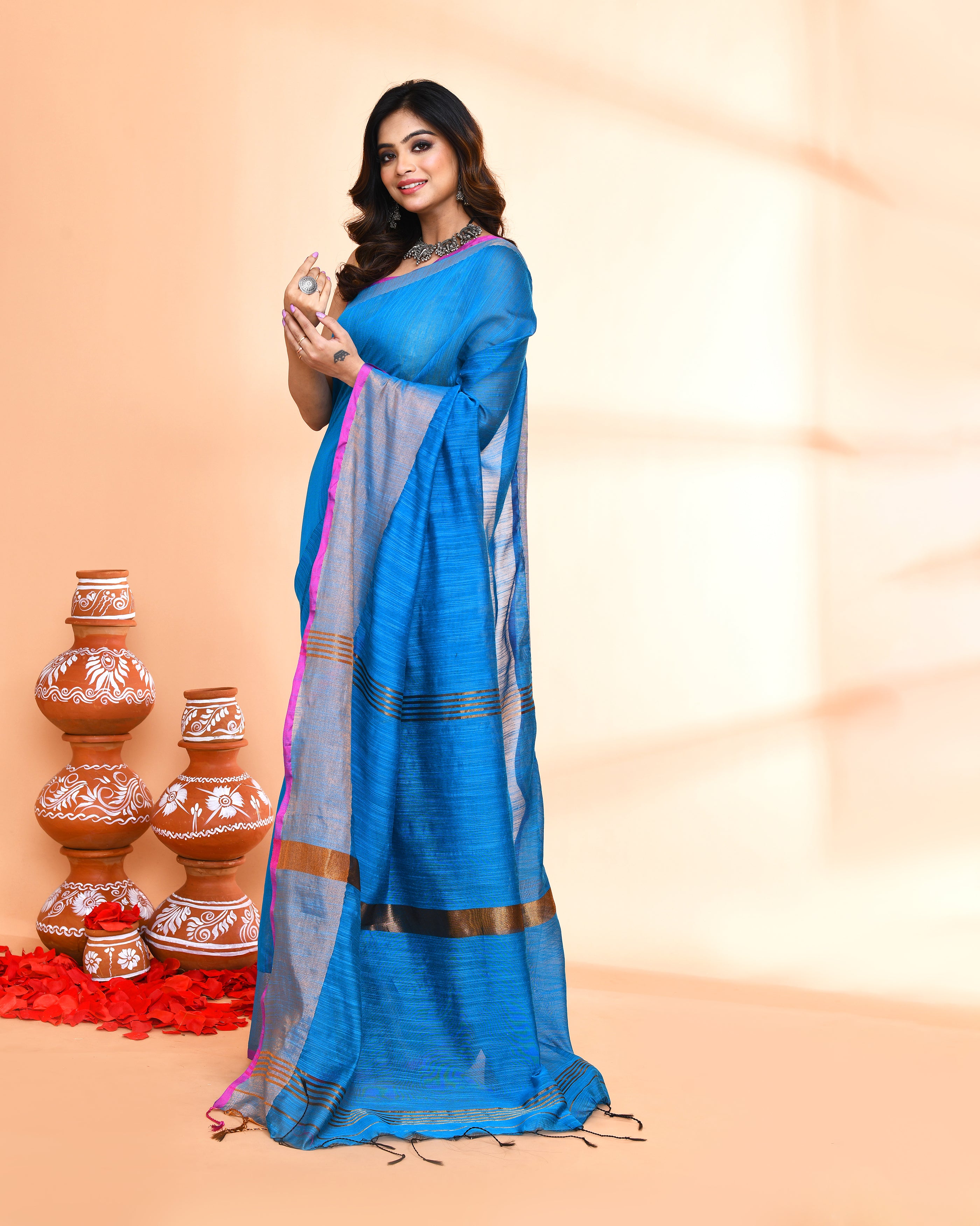 Piyari Fashion Women`s Cotton Silk Sky Blue Handloom Saree With Blouse