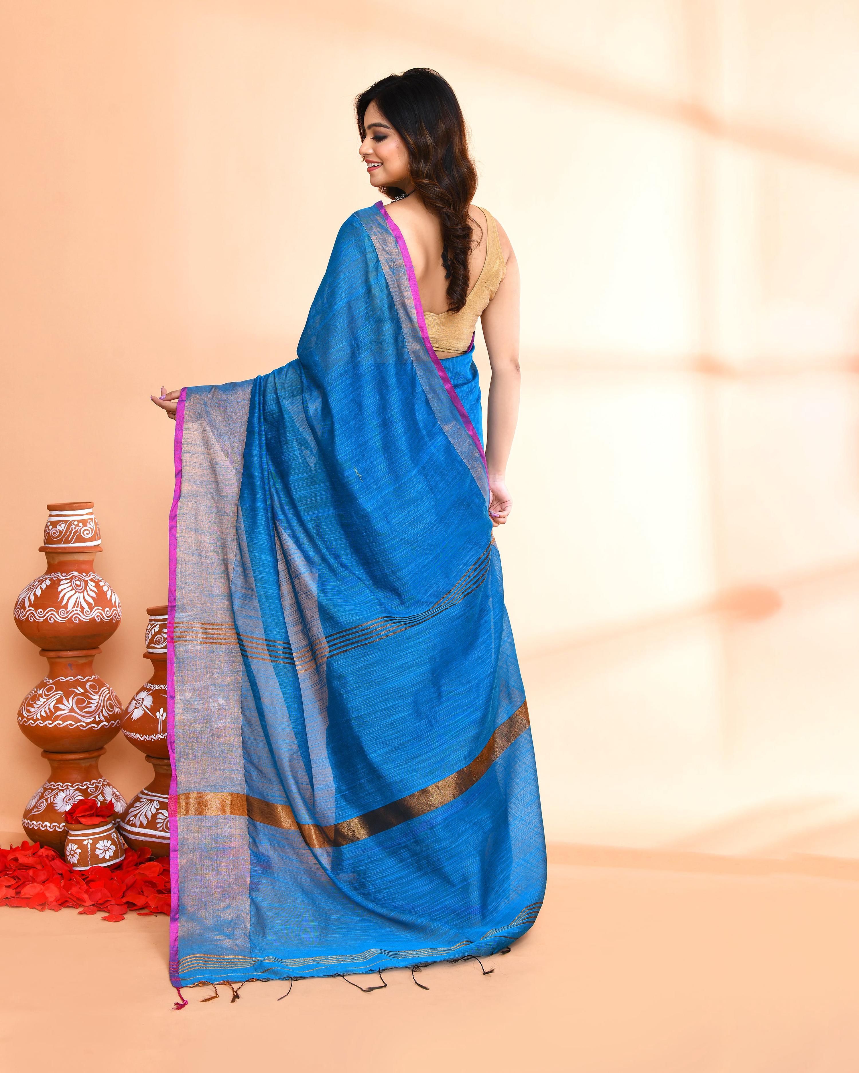 Piyari Fashion Women`s Cotton Silk Sky Blue Handloom Saree With Blouse