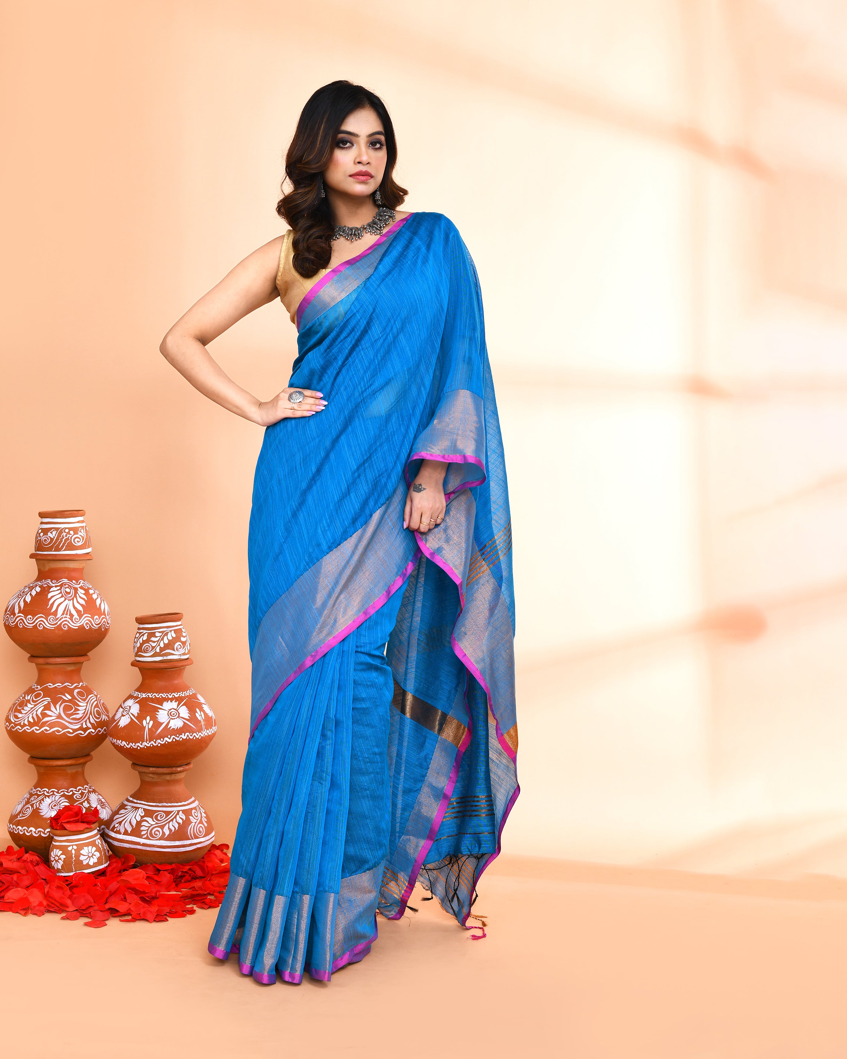 Piyari Fashion Women`s Cotton Silk Sky Blue Handloom Saree With Blouse