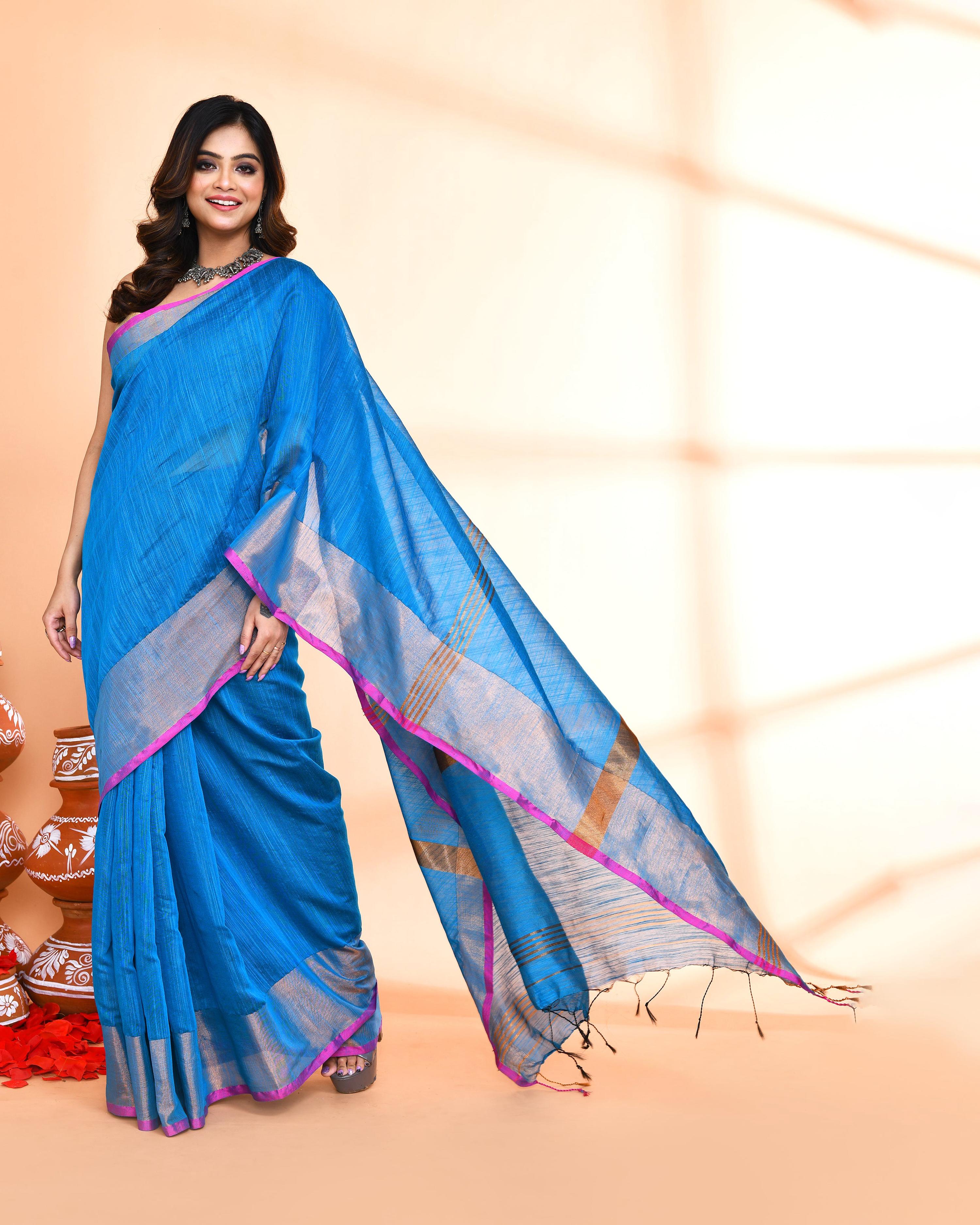 Piyari Fashion Women`s Cotton Silk Sky Blue Handloom Saree With Blouse
