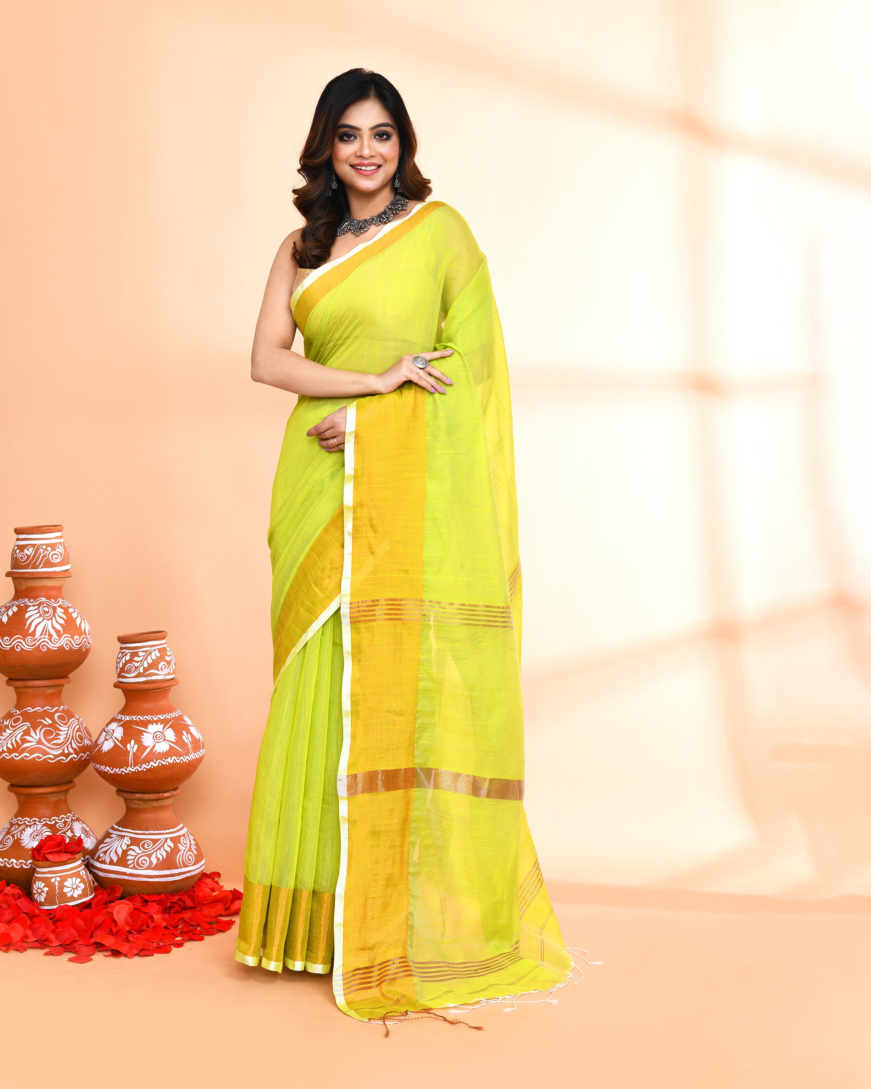 Piyari Fashion Women`s Cotton Silk Lemon Handloom Saree With Blouse