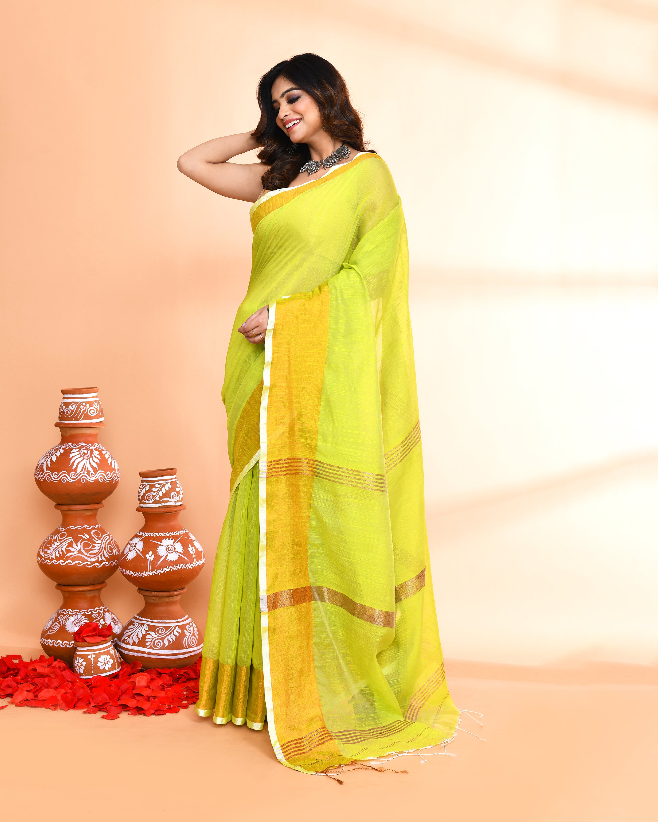 Piyari Fashion Women`s Cotton Silk Lemon Handloom Saree With Blouse