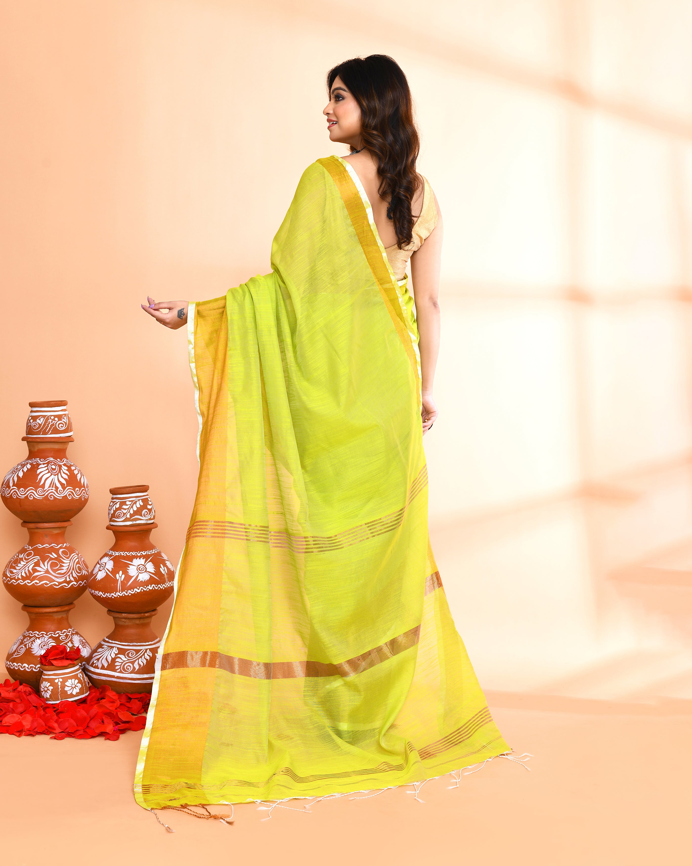 Piyari Fashion Women`s Cotton Silk Lemon Handloom Saree With Blouse