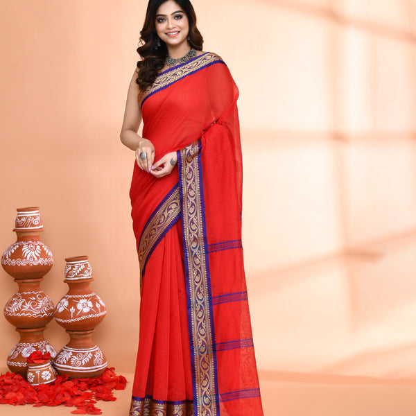 Piyari Fashion Women`s Cotton Silk Red Handloom Saree With Blouse - Distacart