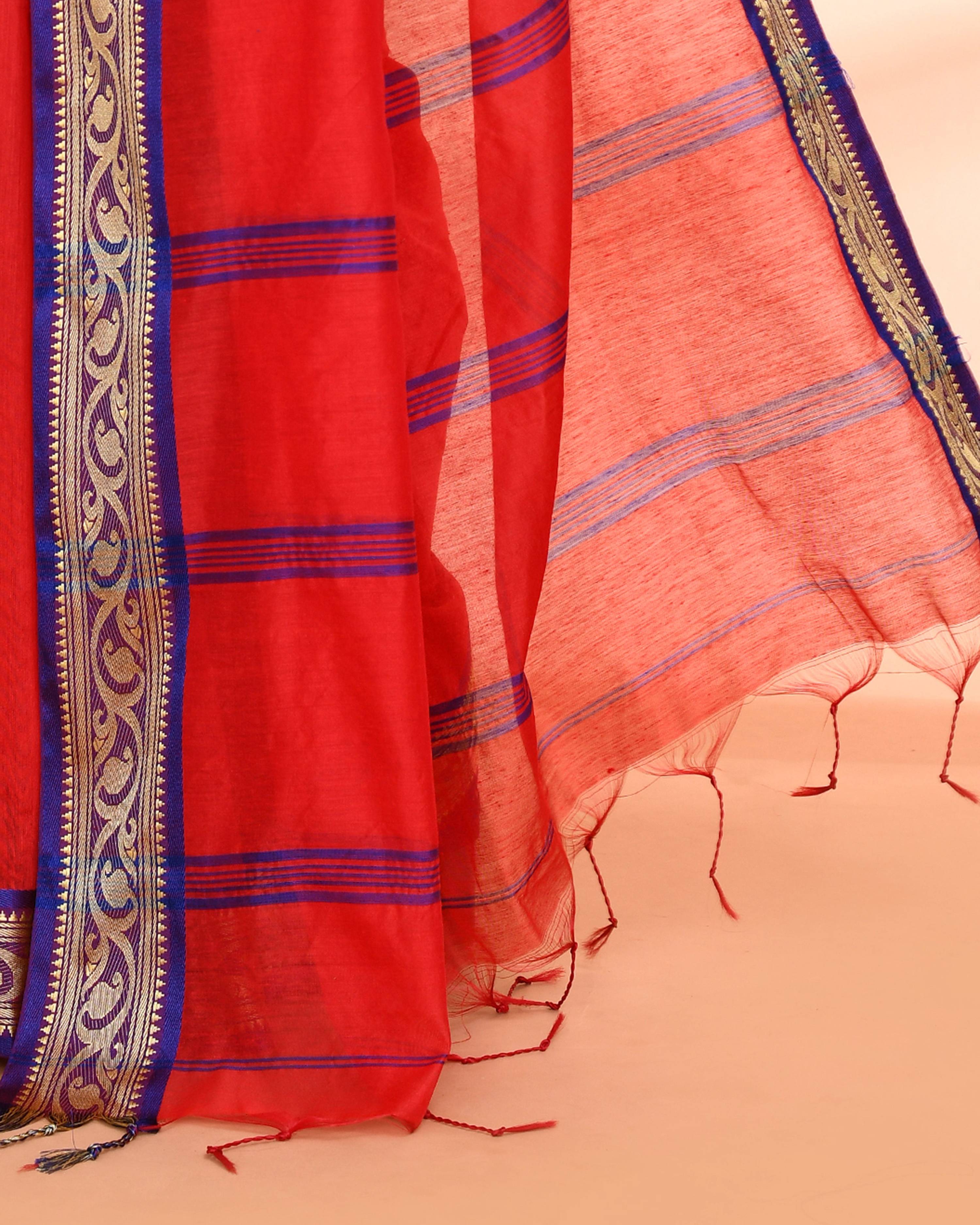 Piyari Fashion Women`s Cotton Silk Red Handloom Saree With Blouse