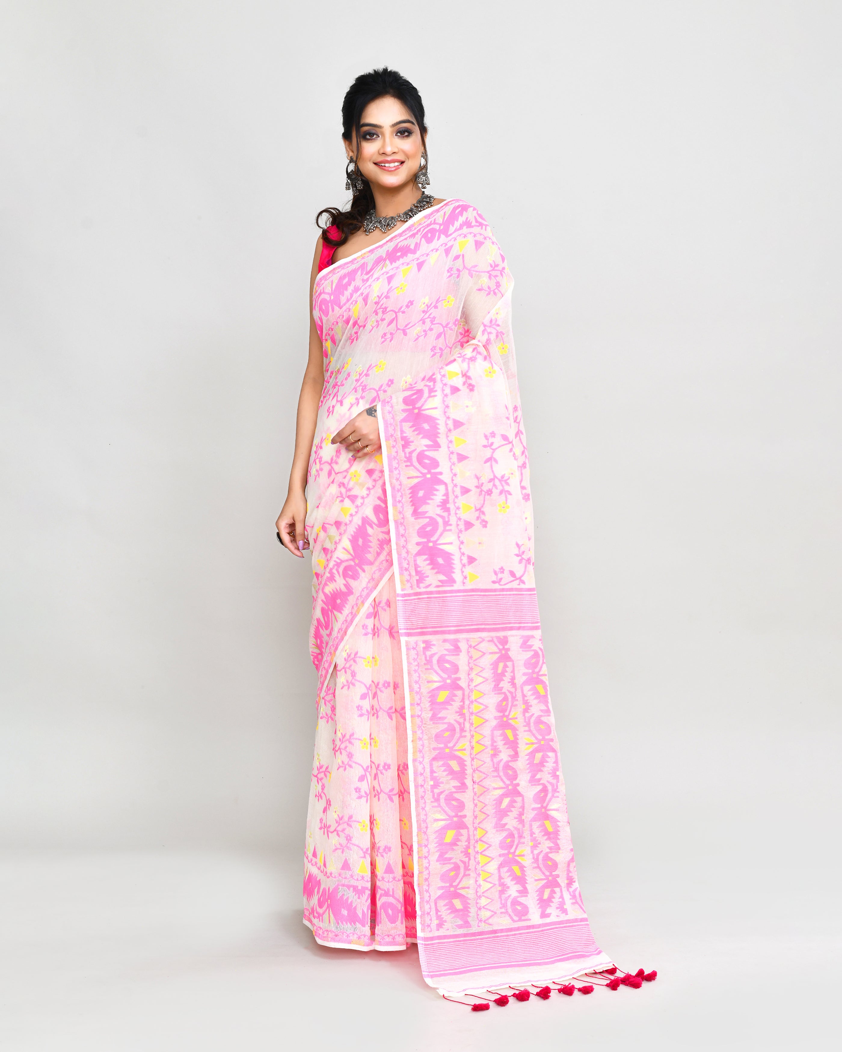Piyari Fashion Women's Off White Pink Cotton Silk Jamdani Saree