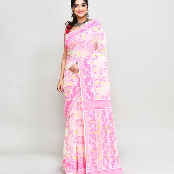 Piyari Fashion Women's Off White Pink Cotton Silk Jamdani Saree - Distacart