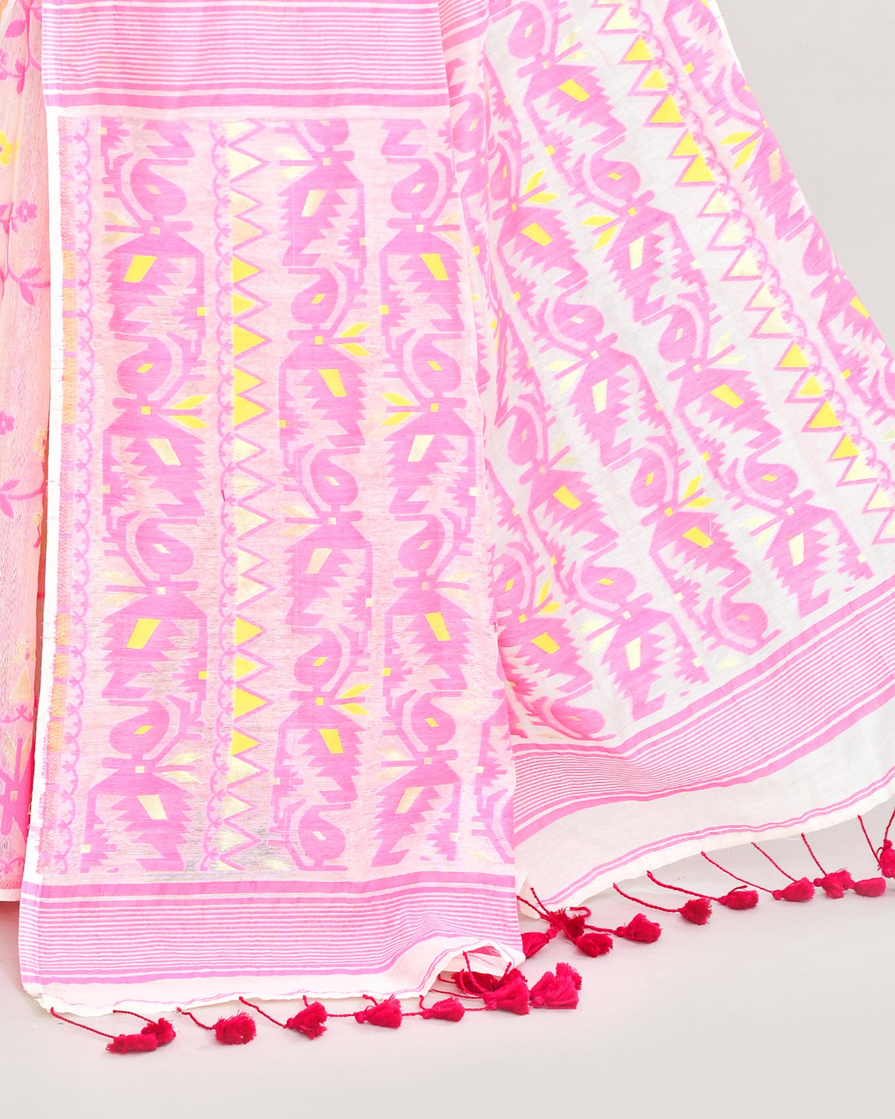 Piyari Fashion Women's Off White Pink Cotton Silk Jamdani Saree