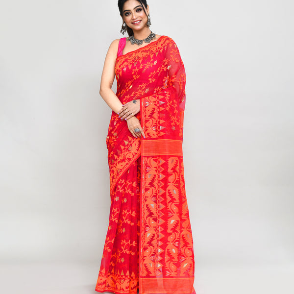 Piyari Fashion Women's Rani Orange Cotton Silk Jamdani Saree - Distacart