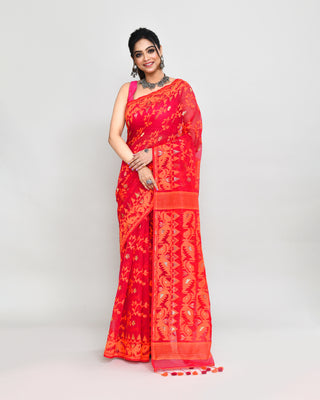 Piyari Fashion Women's Rani Orange Cotton Silk Jamdani Saree