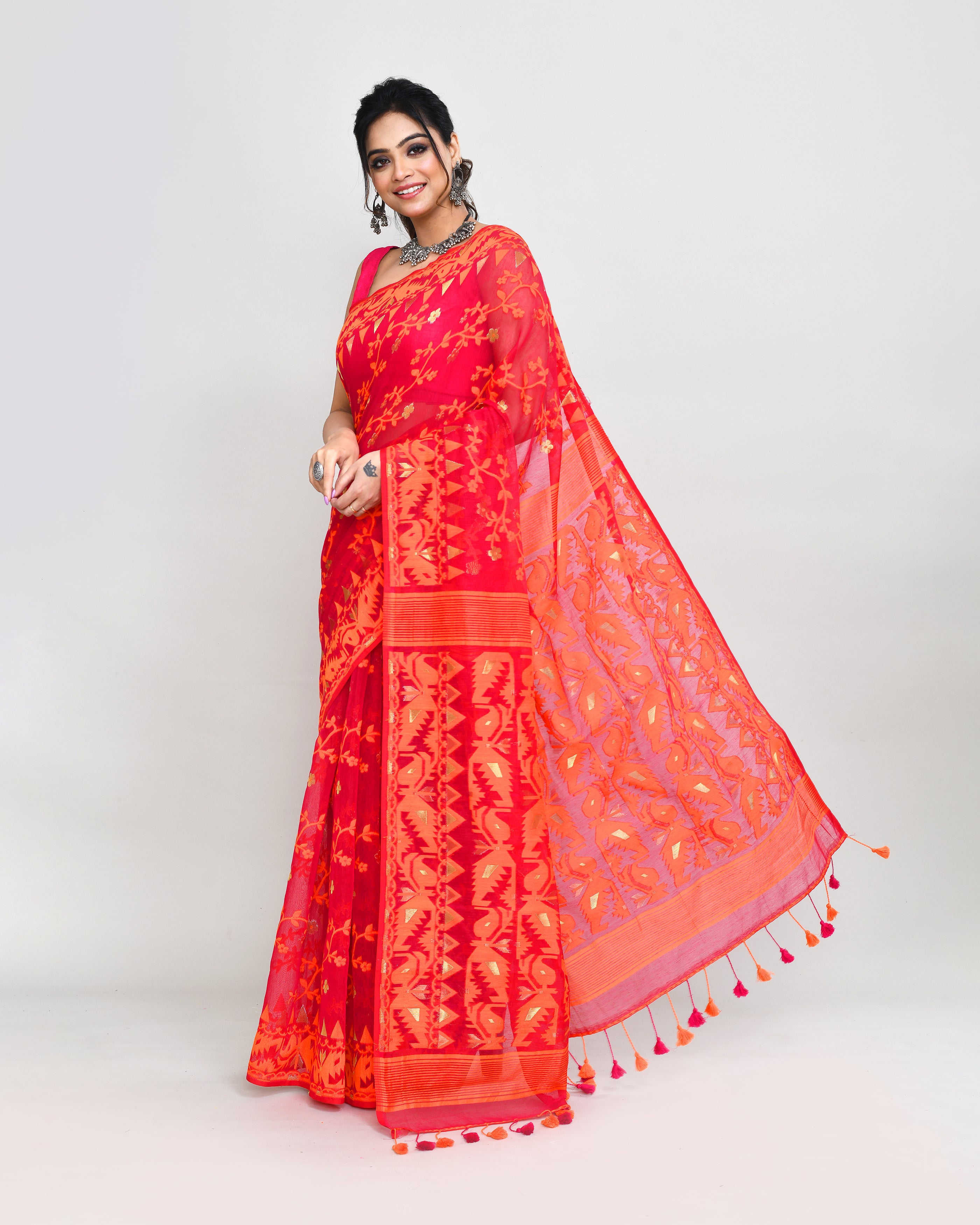 Piyari Fashion Women's Rani Orange Cotton Silk Jamdani Saree