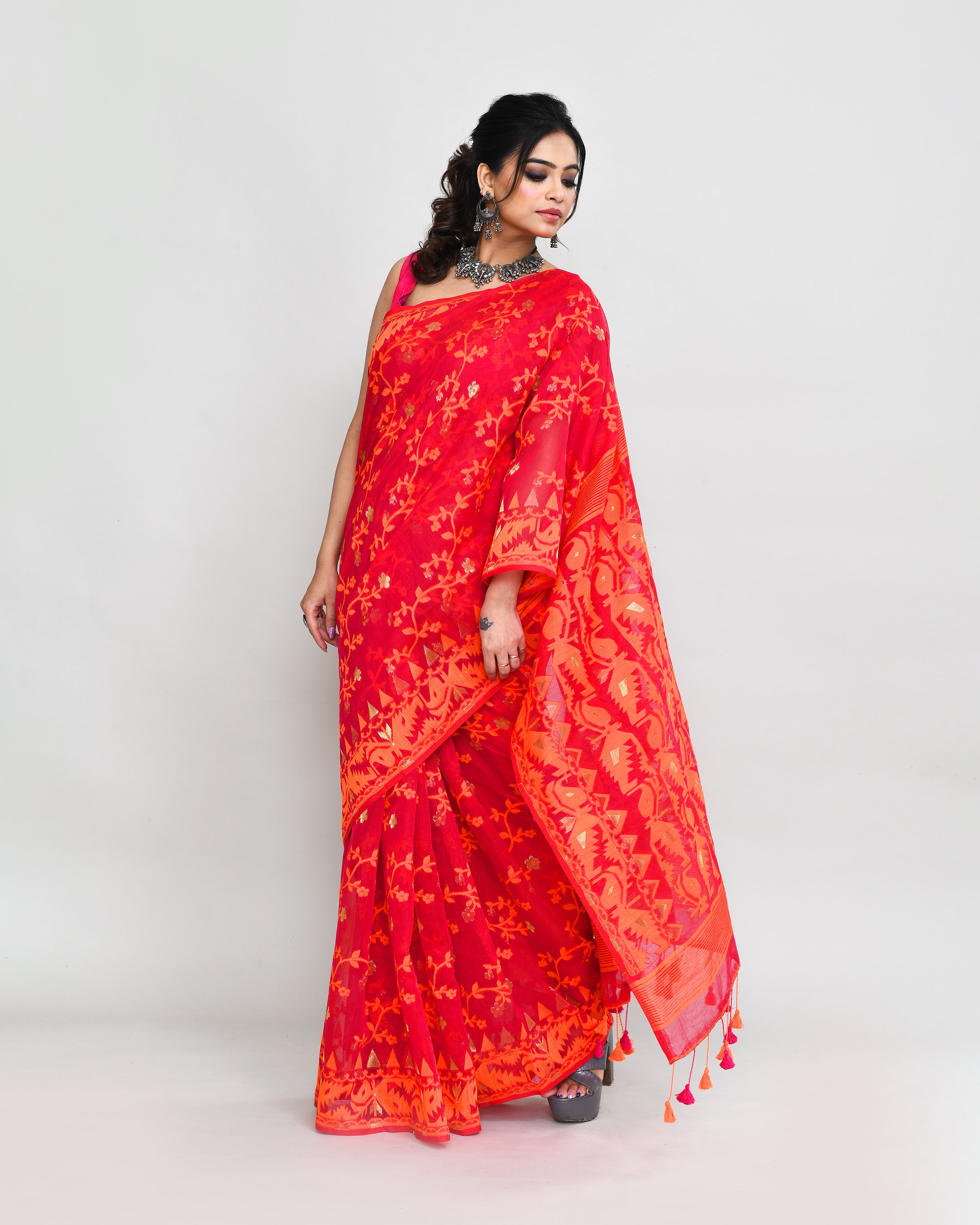 Piyari Fashion Women's Rani Orange Cotton Silk Jamdani Saree