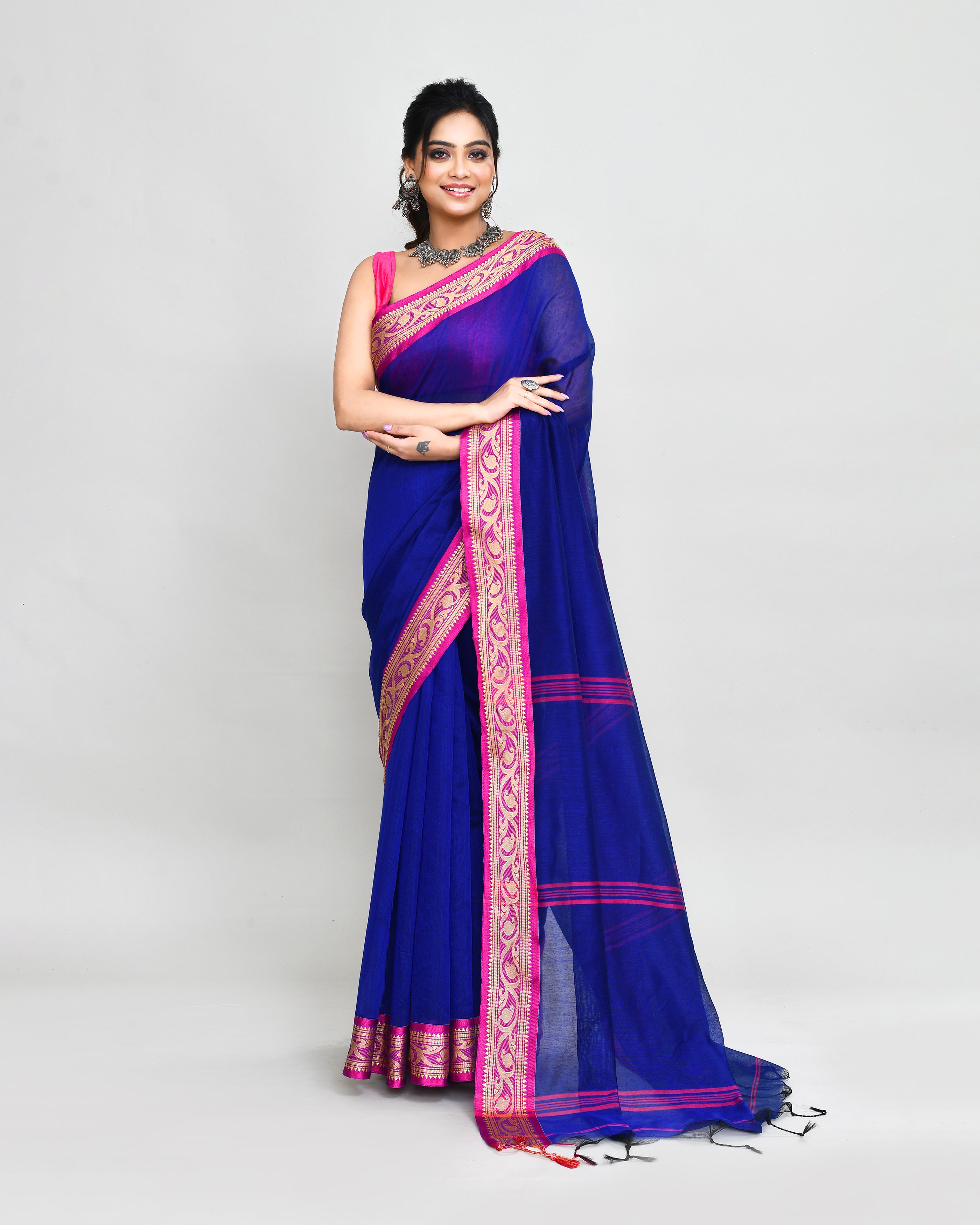Piyari Fashion Women`s Cotton Silk Royel Blue Handloom Saree With Blouse
