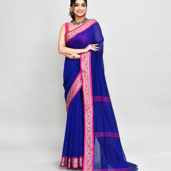 Piyari Fashion Women`s Cotton Silk Royel Blue Handloom Saree With Blouse - Distacart