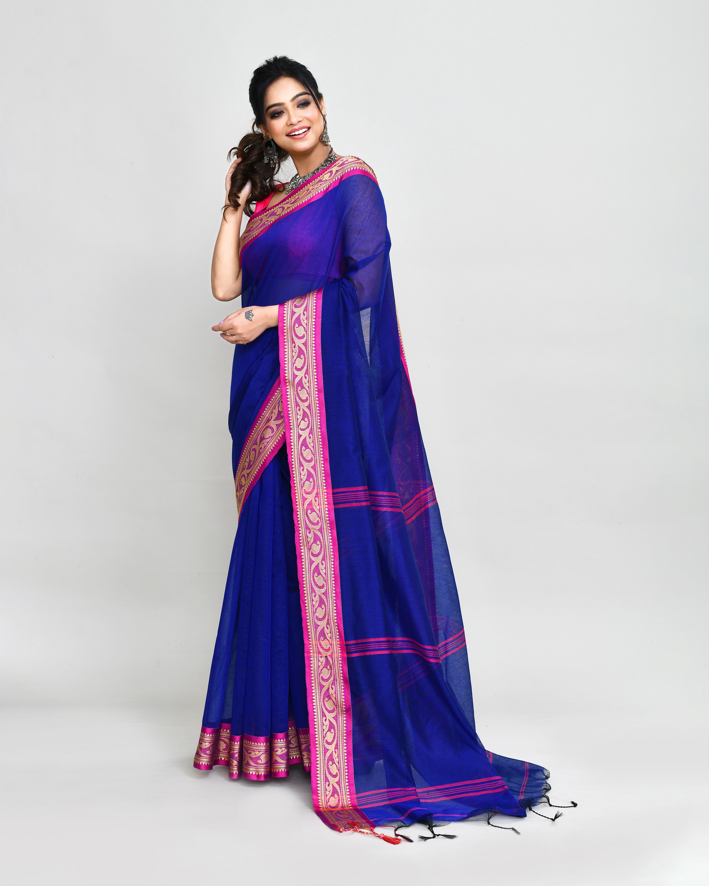 Piyari Fashion Women`s Cotton Silk Royel Blue Handloom Saree With Blouse