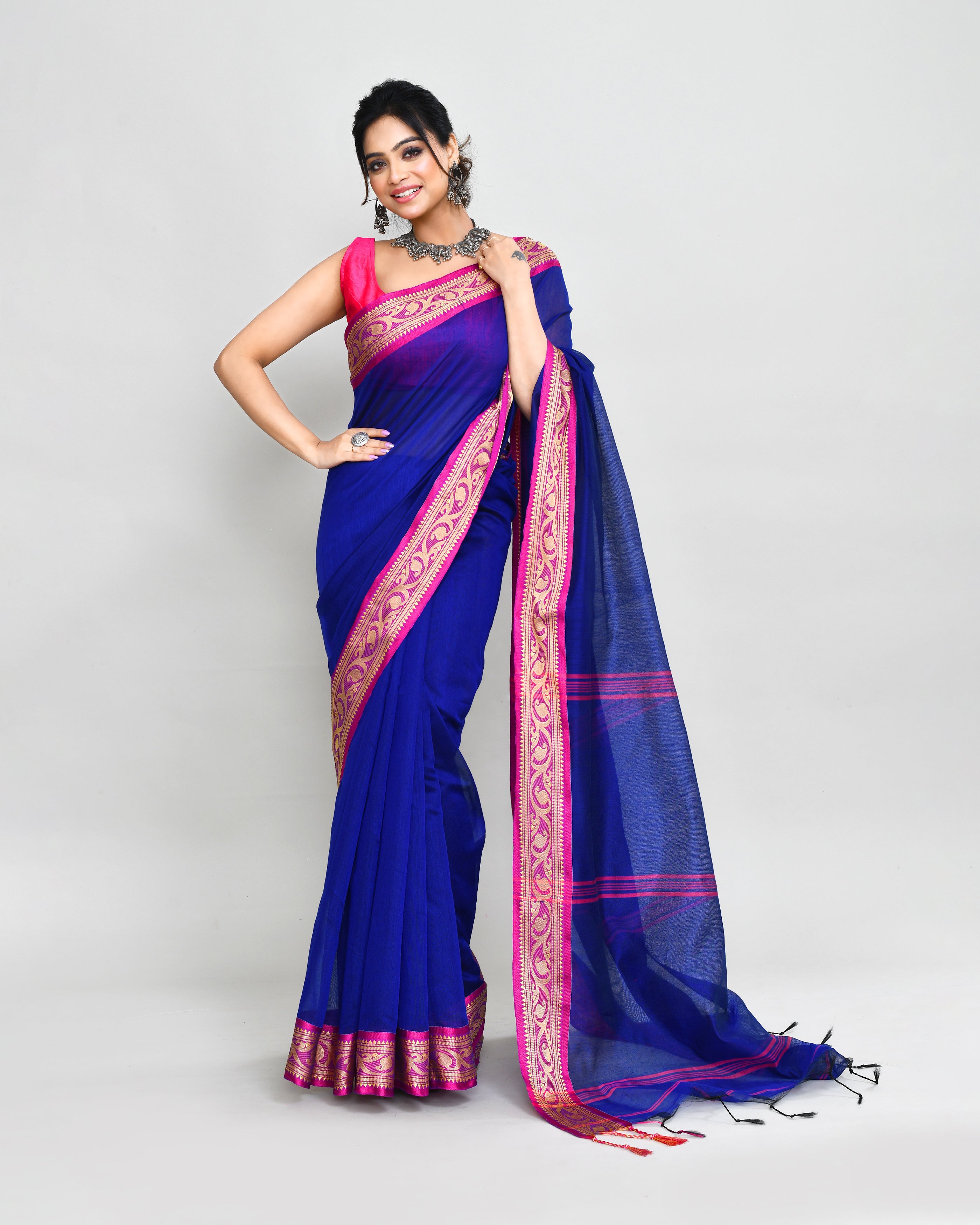 Piyari Fashion Women`s Cotton Silk Royel Blue Handloom Saree With Blouse
