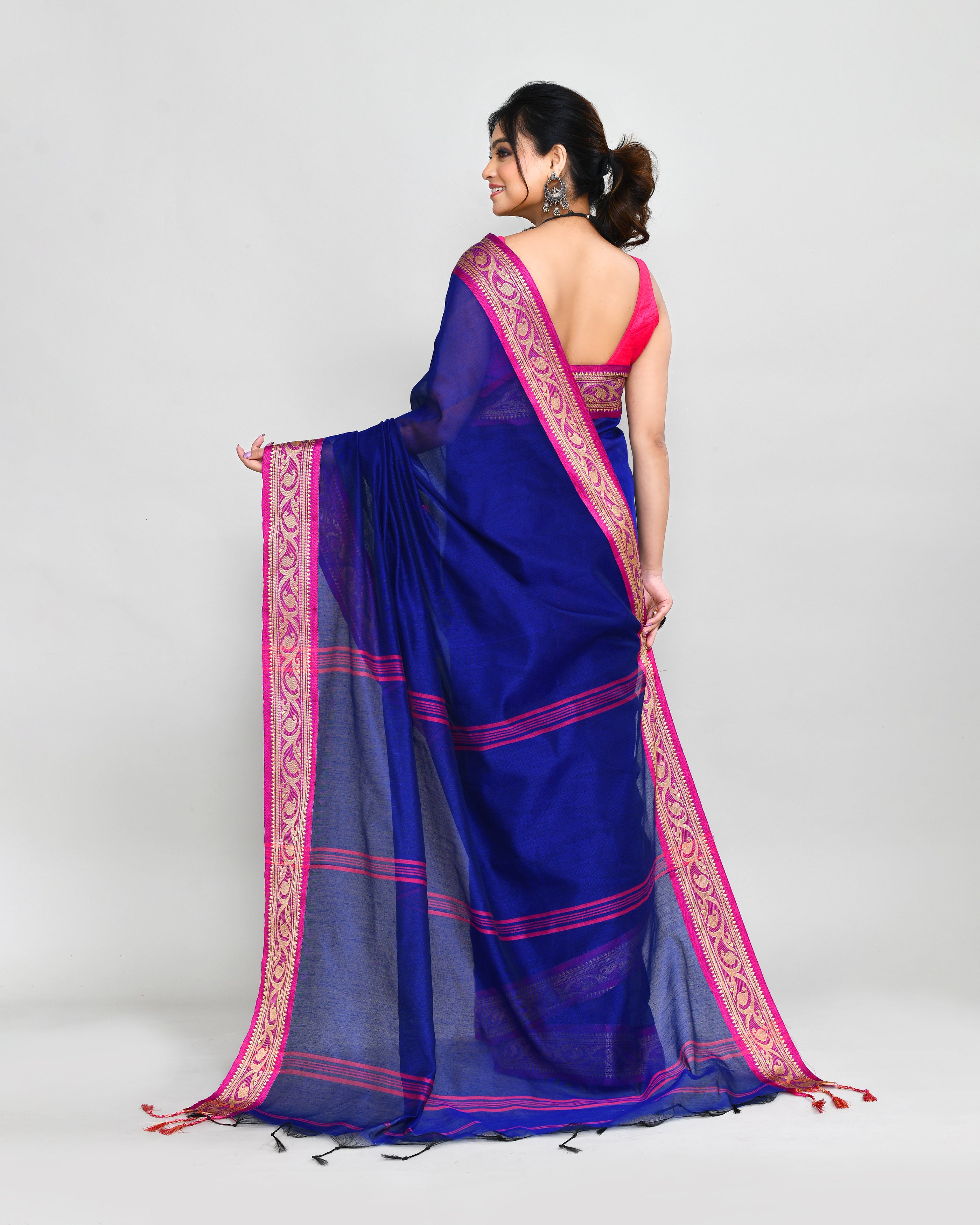 Piyari Fashion Women`s Cotton Silk Royel Blue Handloom Saree With Blouse