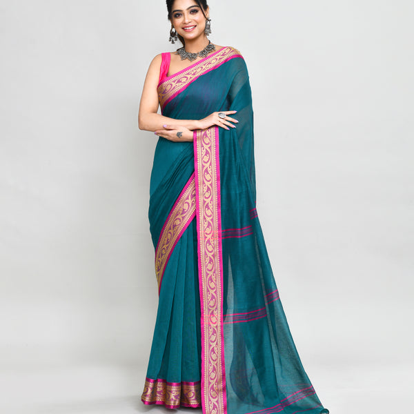 Piyari Fashion Women`s Cotton Silk Teal Handloom Saree With Blouse - Distacart
