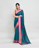 Thumbnail for Piyari Fashion Women`s Cotton Silk Teal Handloom Saree With Blouse