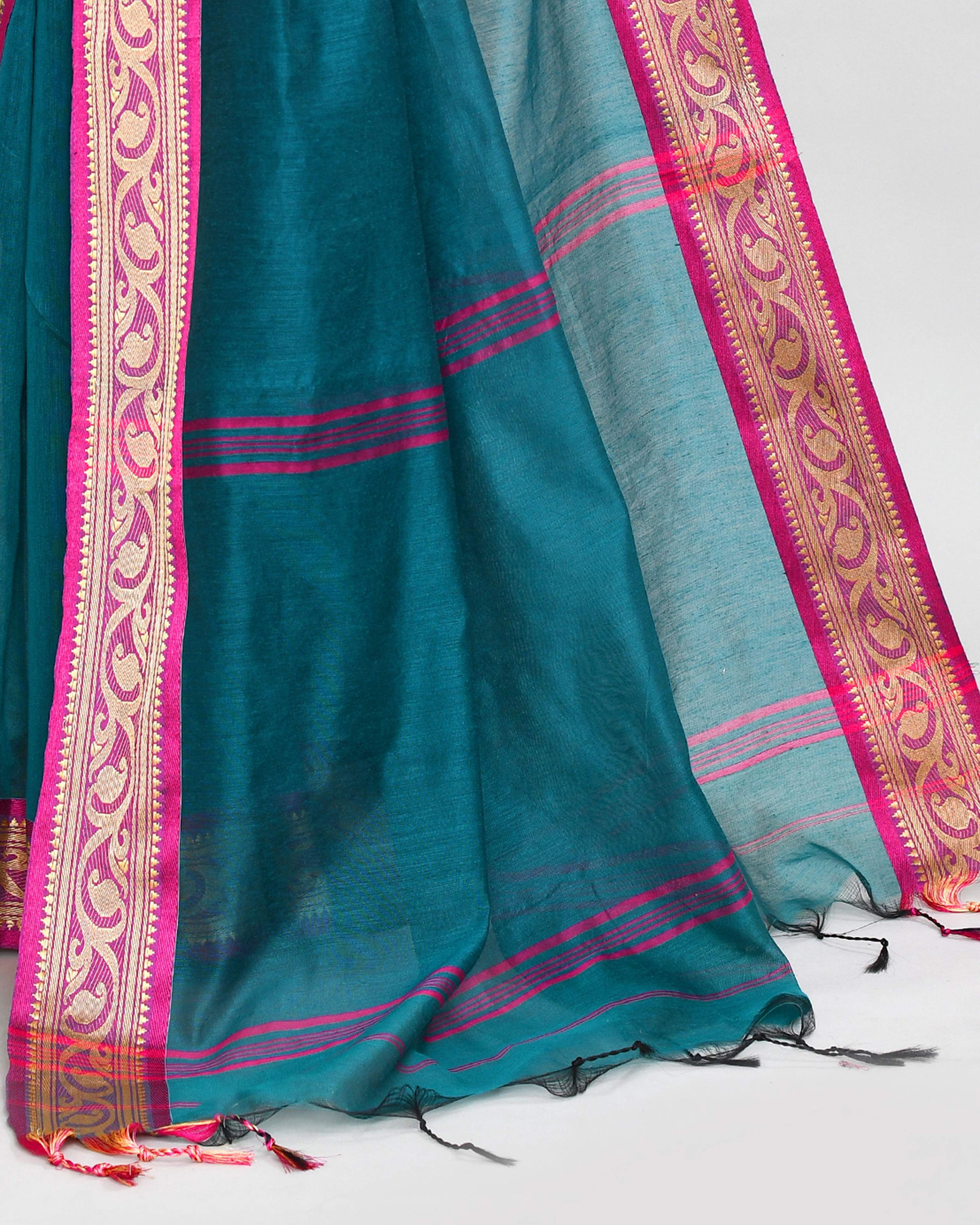 Piyari Fashion Women`s Cotton Silk Teal Handloom Saree With Blouse
