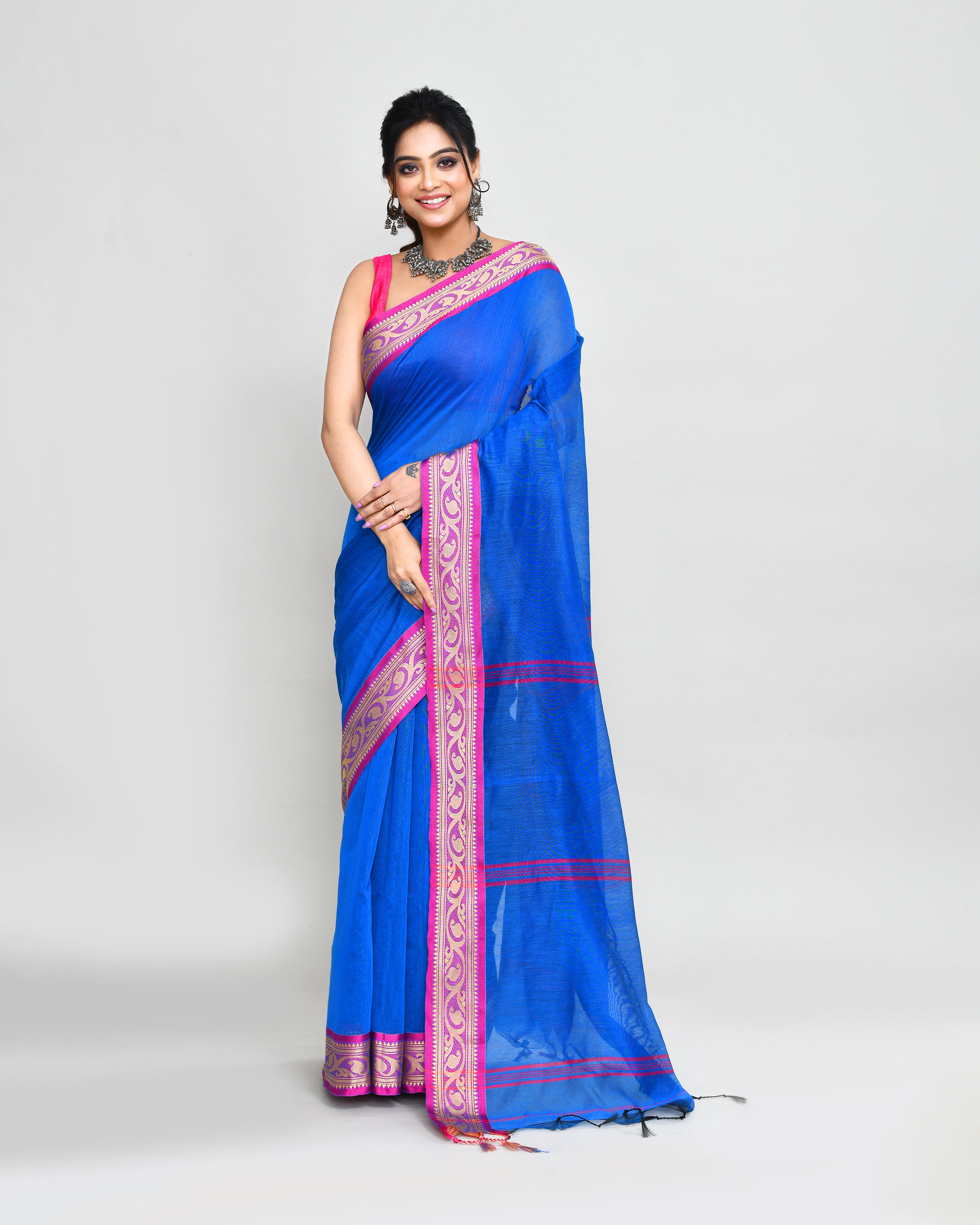Piyari Fashion Women`s Cotton Silk Blue Handloom Saree With Blouse