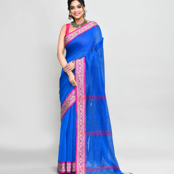 Piyari Fashion Women`s Cotton Silk Blue Handloom Saree With Blouse - Distacart