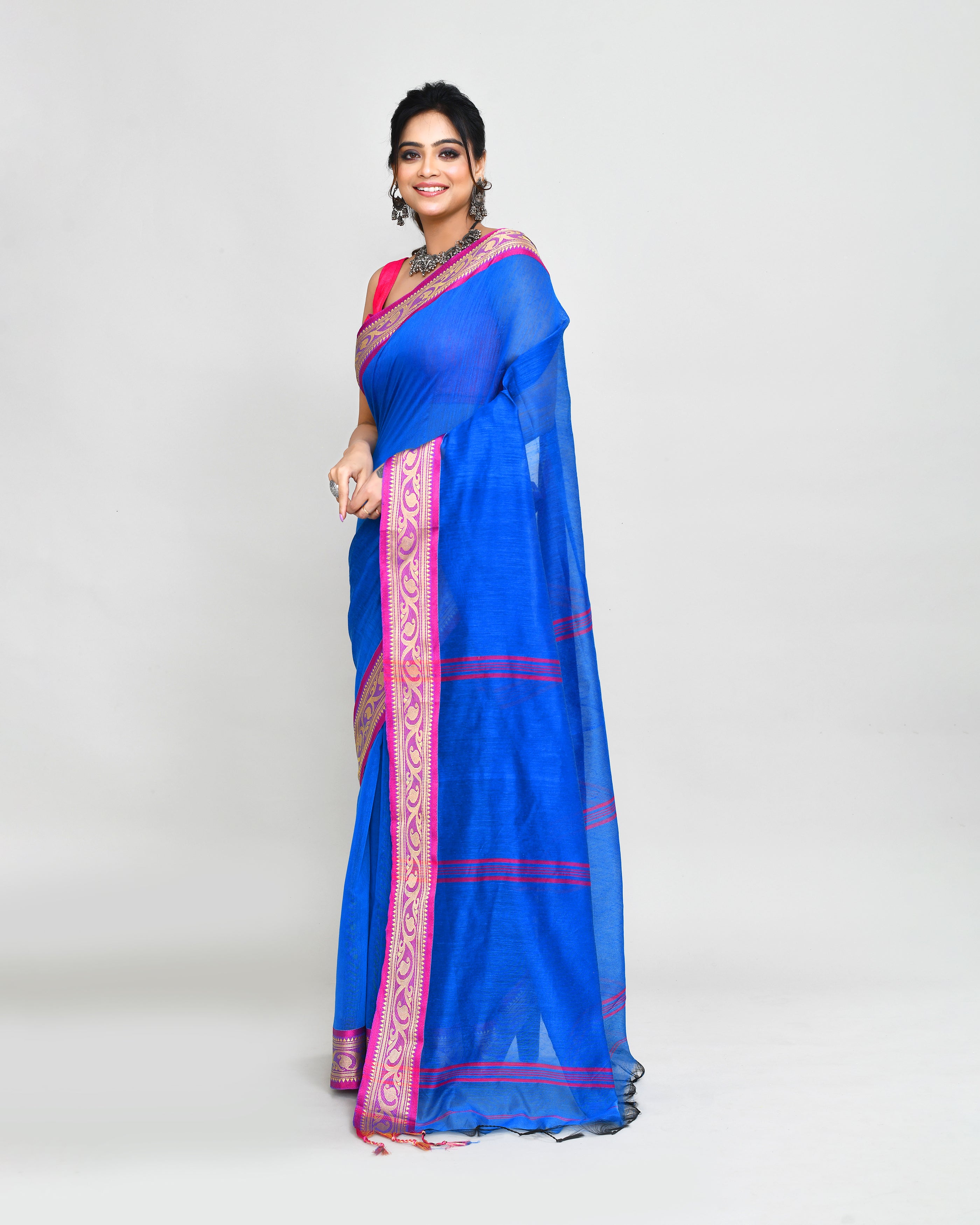 Piyari Fashion Women`s Cotton Silk Blue Handloom Saree With Blouse