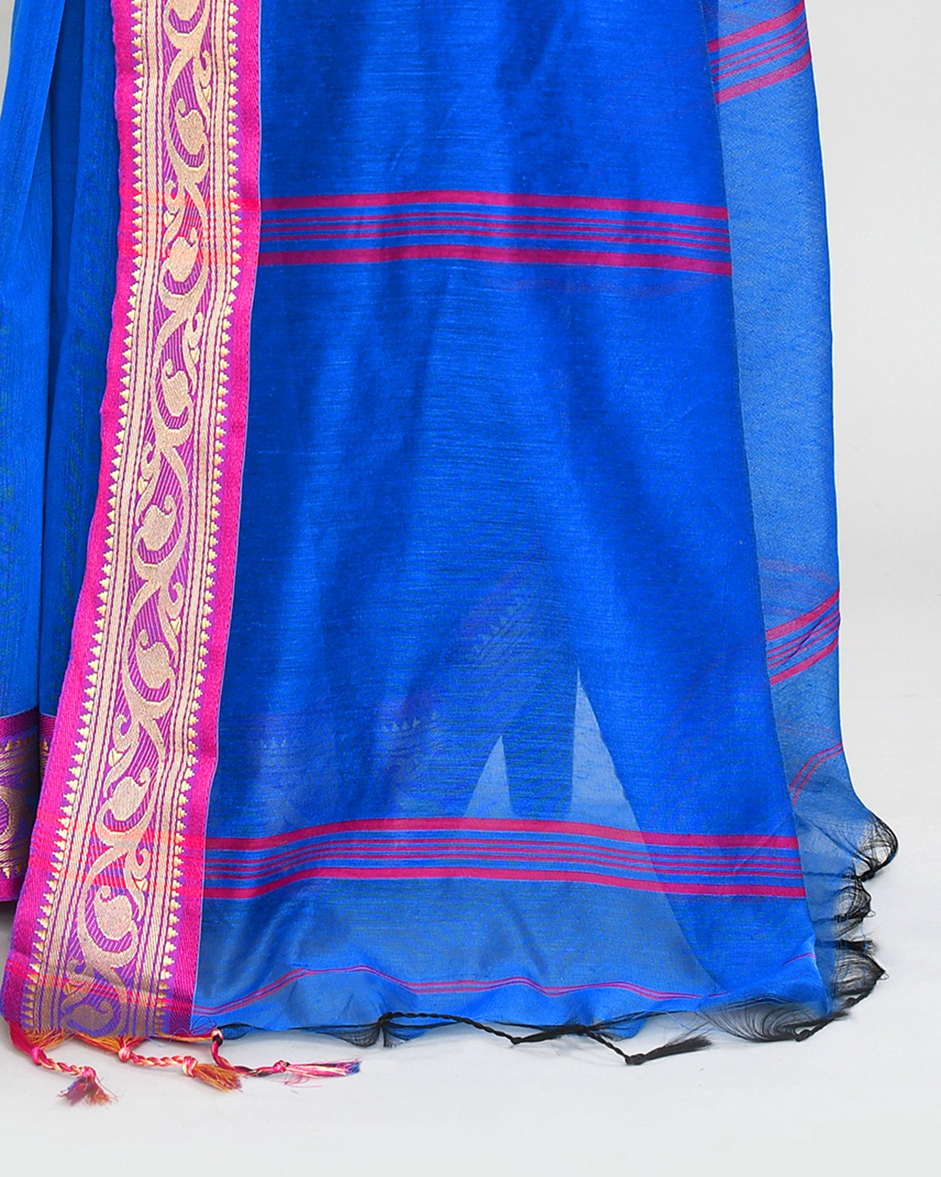Piyari Fashion Women`s Cotton Silk Blue Handloom Saree With Blouse
